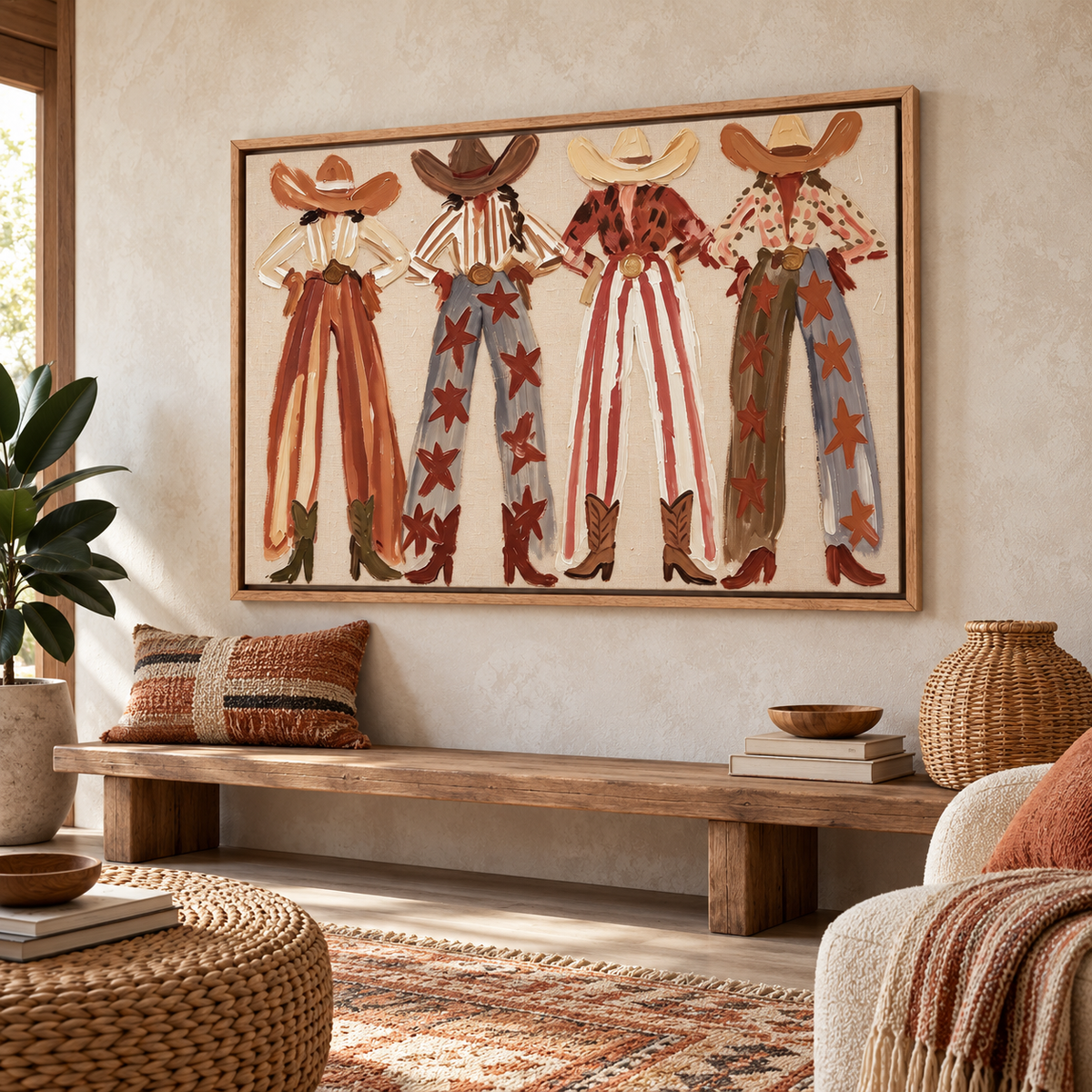 Four faceless cowgirls standing with hands on hips in broad hats, patterned shirts, striped and star-covered wide-leg pants and cowboy boots against a cream background, shown in room setting 5.