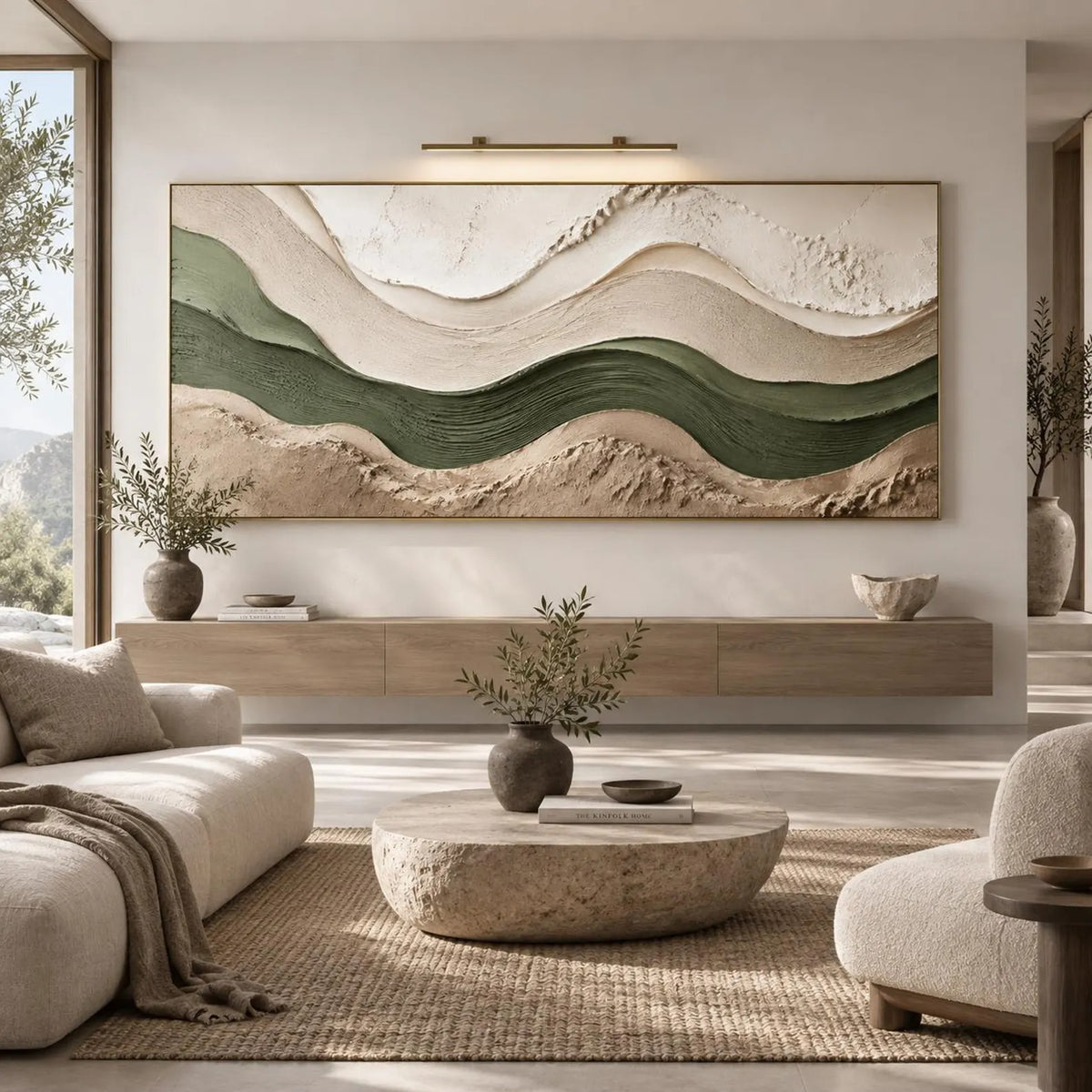Long undulating bands of deep green, sage, ivory and beige forming a wide abstract landscape, shown in room setting 1.
