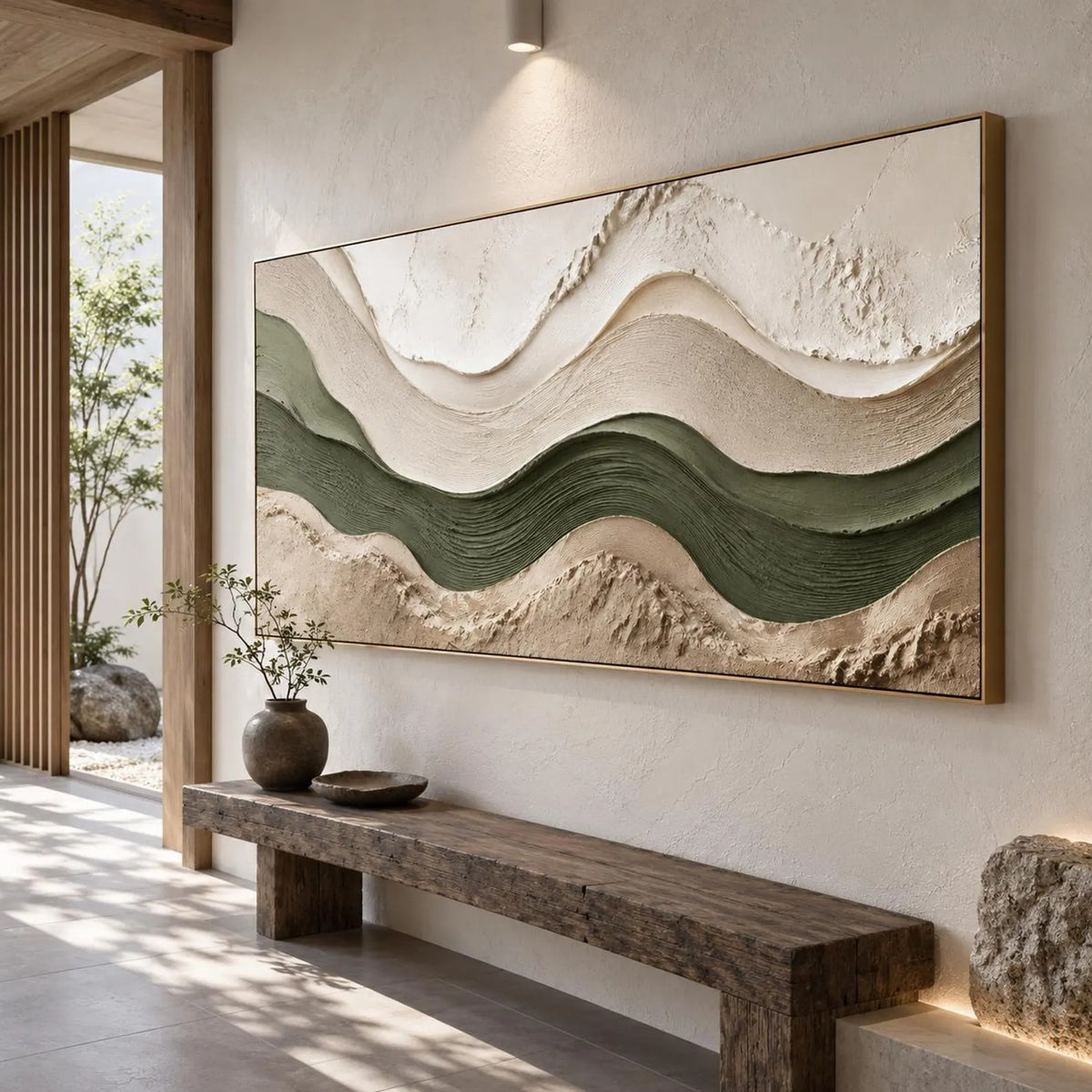 Long undulating bands of deep green, sage, ivory and beige forming a wide abstract landscape, shown in room setting 2.