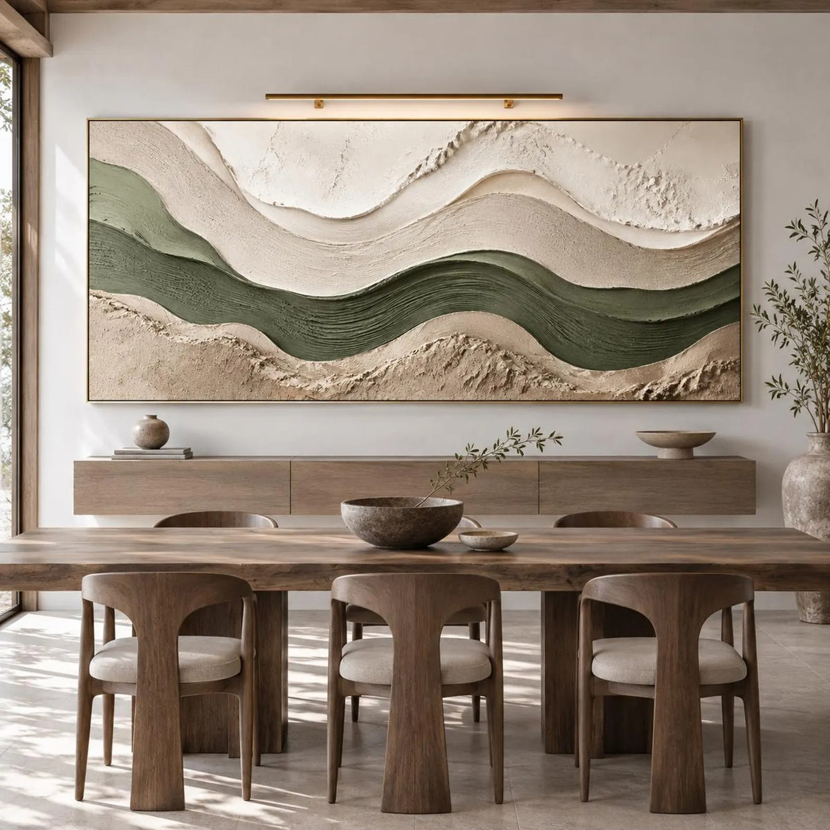 Long undulating bands of deep green, sage, ivory and beige forming a wide abstract landscape, shown in room setting 3.