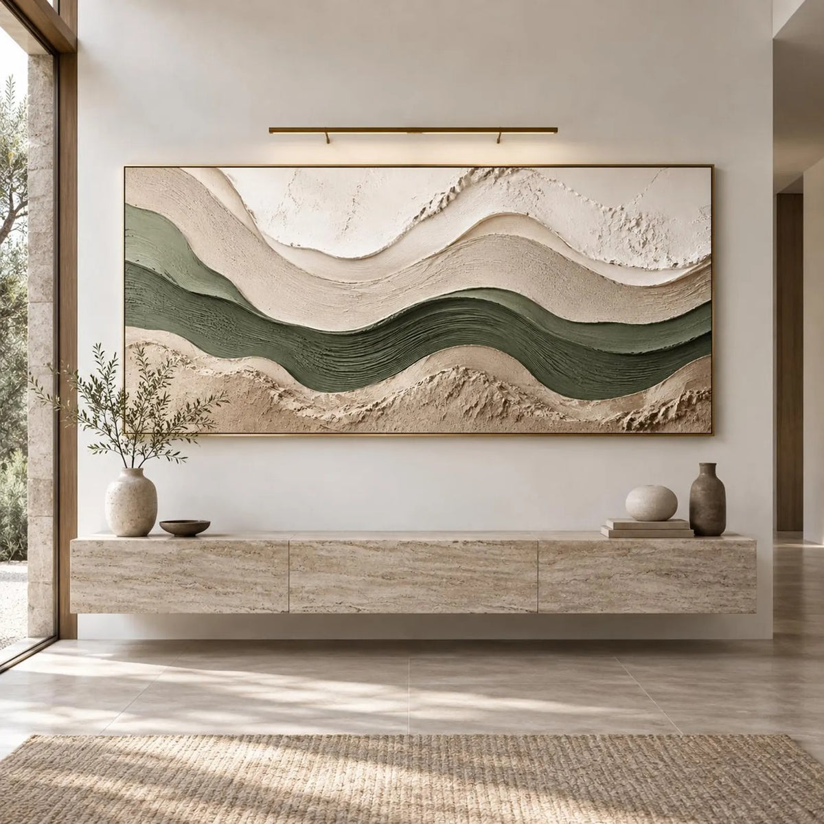 Long undulating bands of deep green, sage, ivory and beige forming a wide abstract landscape, shown in room setting 5.