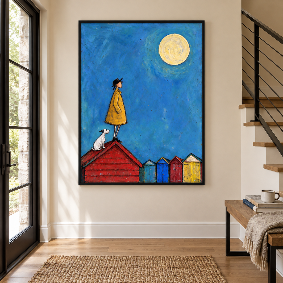 A long-nosed man in a yellow coat and a small white dog standing on a red peaked roof above colorful huts under a large yellow full moon in a blue sky, shown in room setting 2.