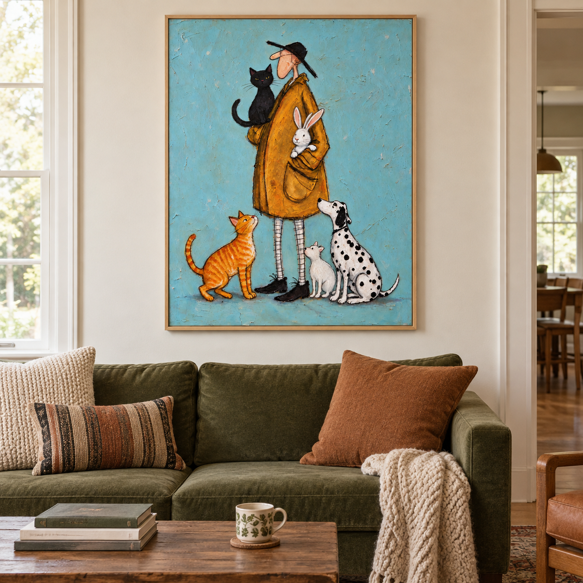 A long-nosed man in an orange coat holding a black cat and a white rabbit with an orange tabby, a Dalmatian and a small white pet at his feet against turquoise blue, shown in room setting 1.