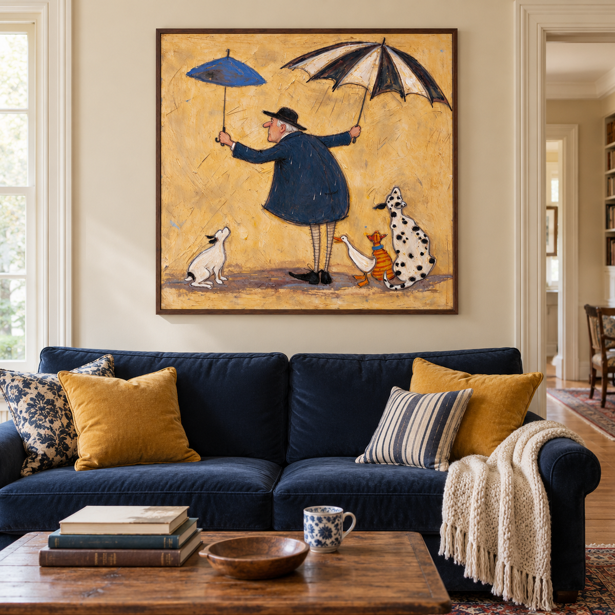 A man in a navy coat holding a small blue umbrella and a large black-and-white umbrella with two dogs, an orange tabby and a white duck gathered around his feet, shown in room setting 1.