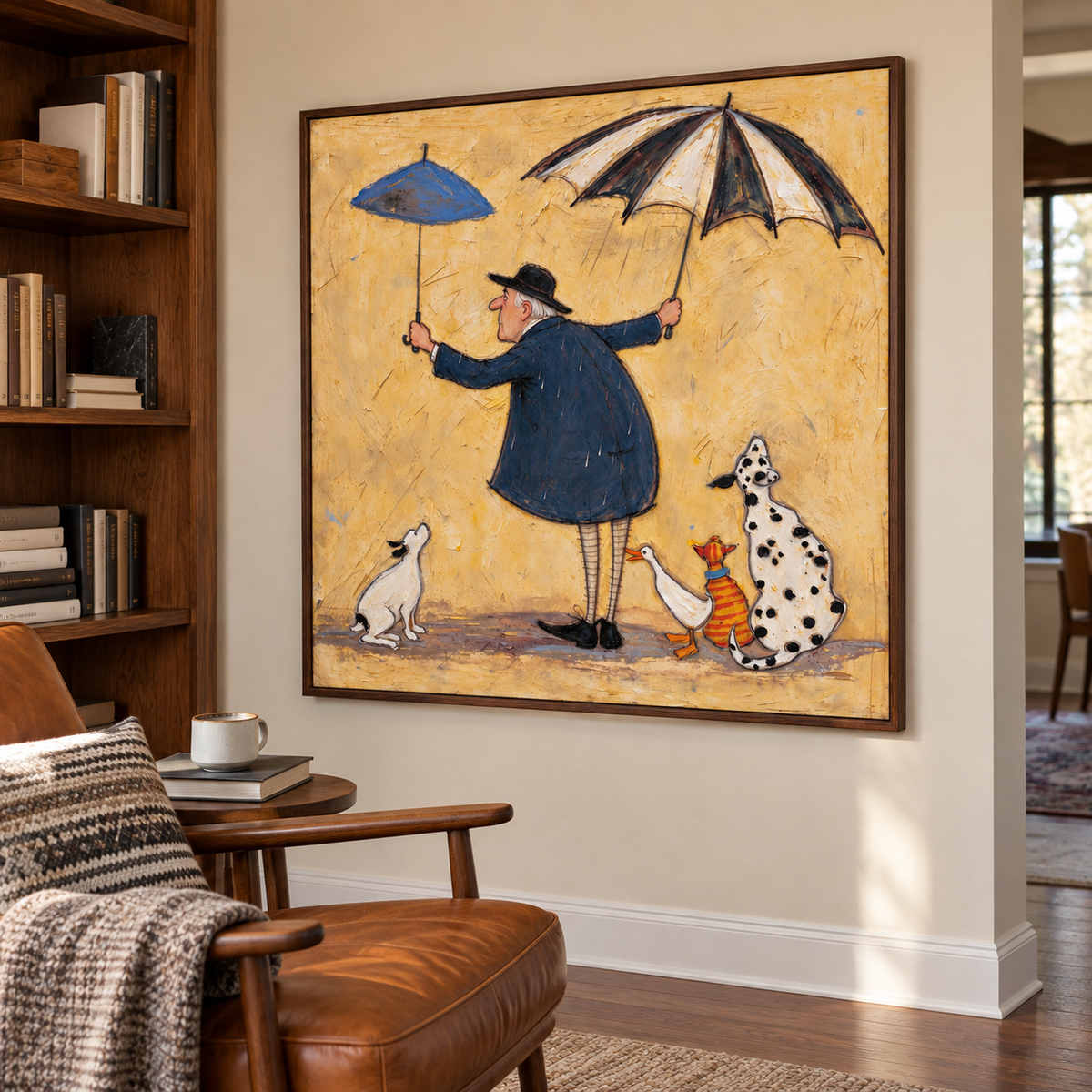 A man in a navy coat holding a small blue umbrella and a large black-and-white umbrella with two dogs, an orange tabby and a white duck gathered around his feet, shown in room setting 4.