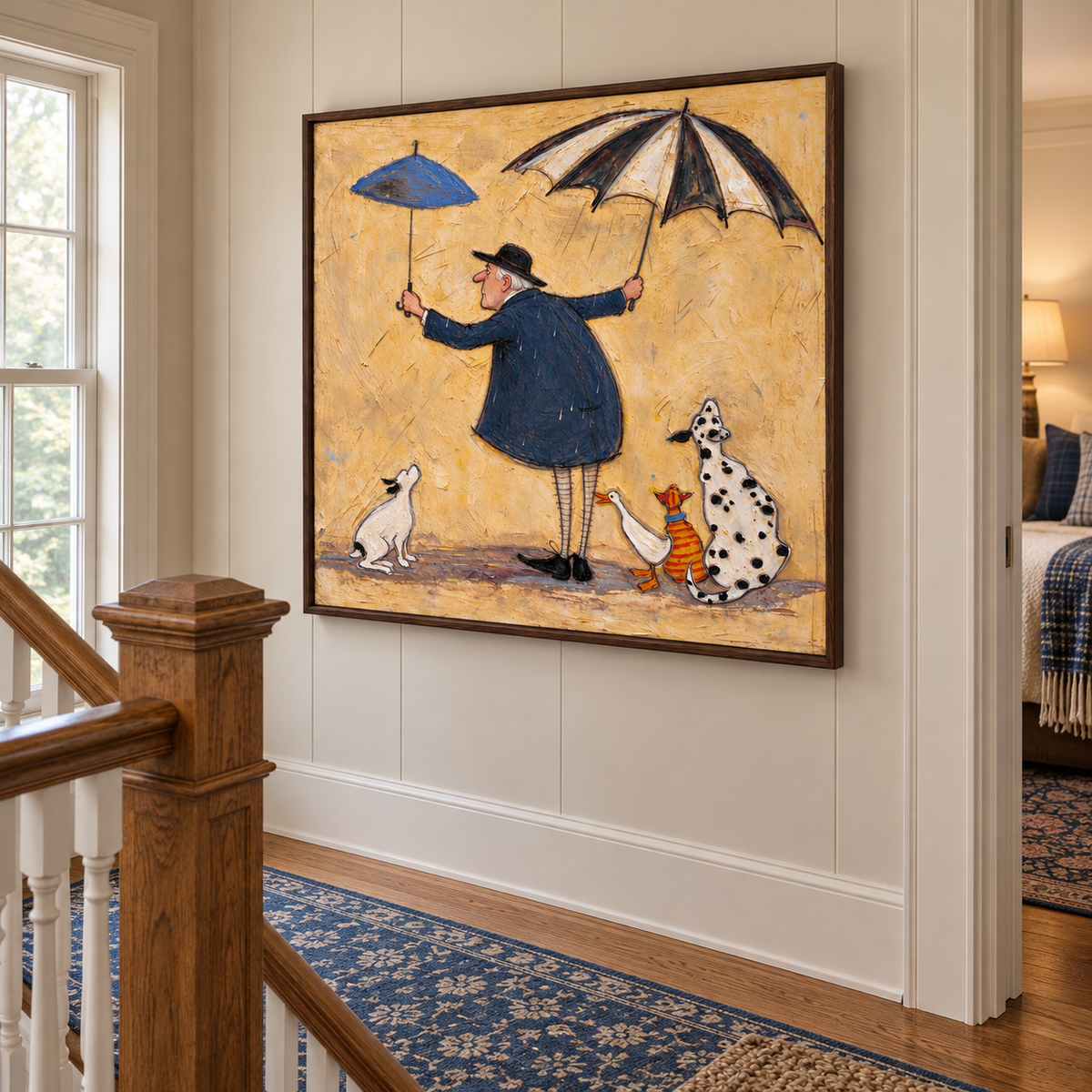 A man in a navy coat holding a small blue umbrella and a large black-and-white umbrella with two dogs, an orange tabby and a white duck gathered around his feet, shown in room setting 5.