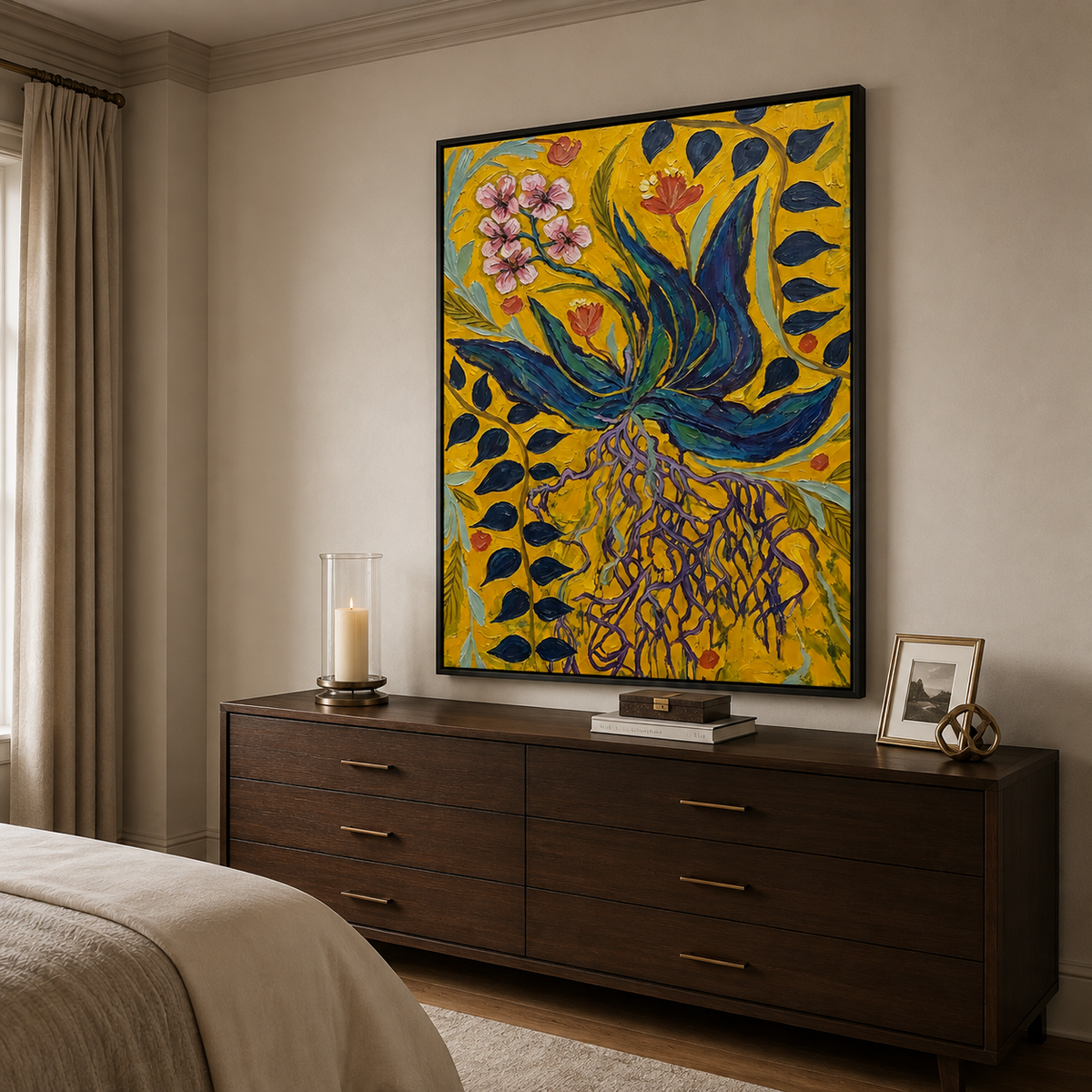 Blue and teal leaves, exposed purple roots, and small pink and orange flowers against mustard yellow, shown from an angle in a bedroom.