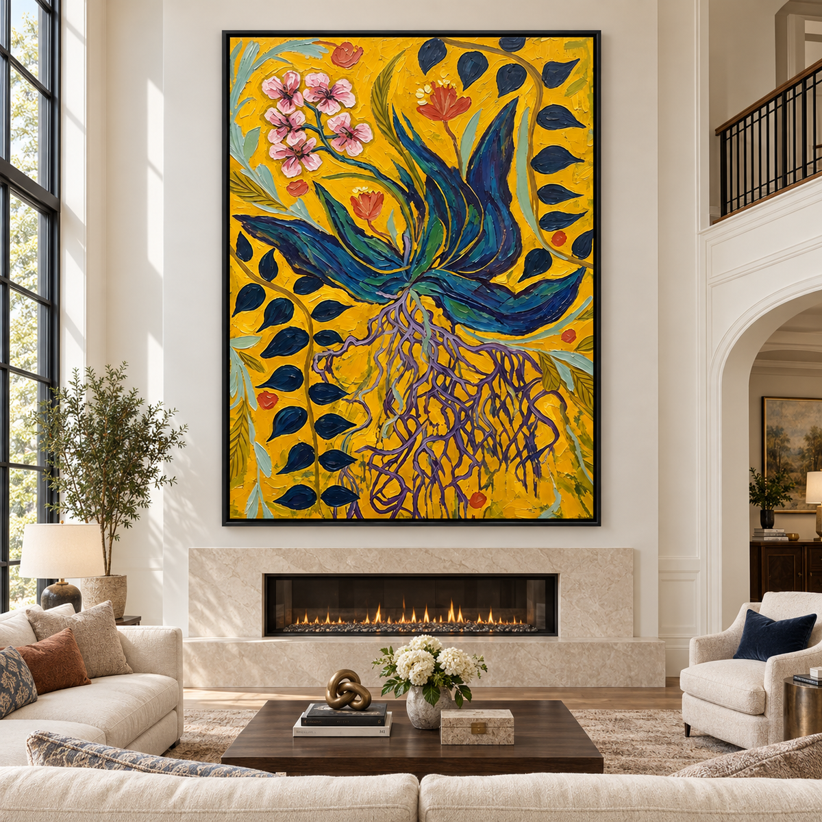 Blue and teal leaves, exposed purple roots, and small pink and orange flowers against mustard yellow, in a large living room.