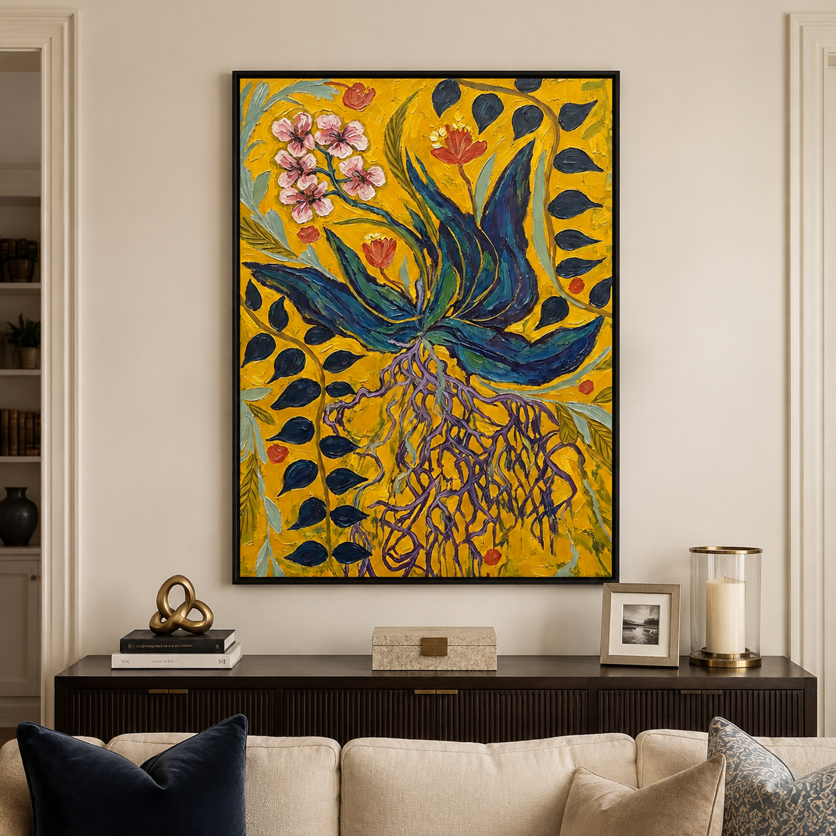 Blue and teal leaves, exposed purple roots, and small pink and orange flowers against mustard yellow, in a living room.