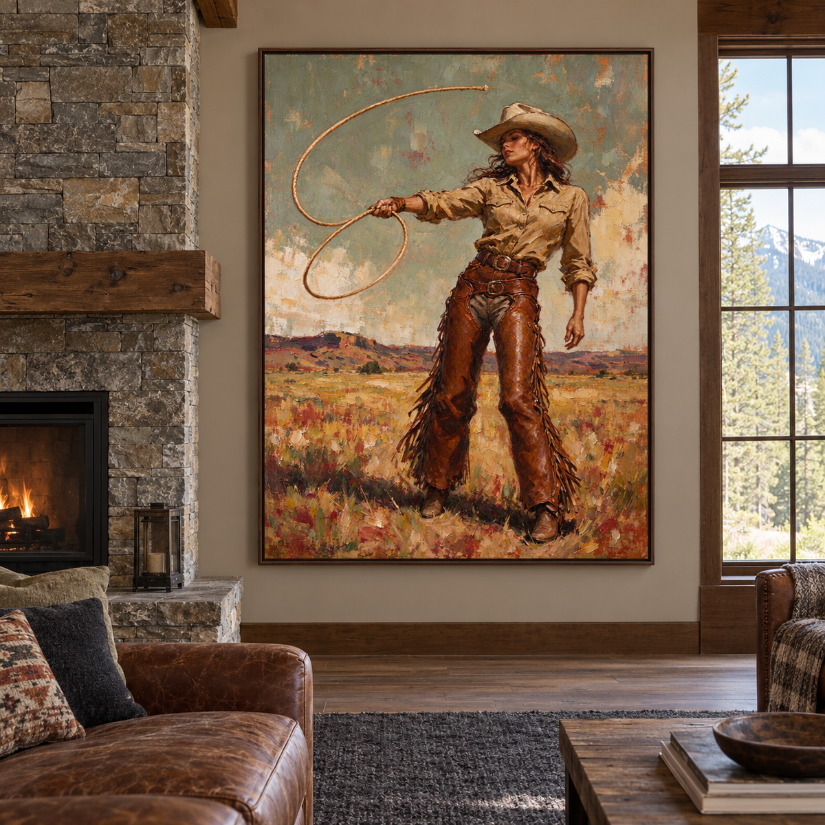 A cowgirl in a tan hat and shirt with fringed brown chaps standing in an open field while swinging a lasso in a wide loop against a muted gray-green sky, shown in room setting 1.