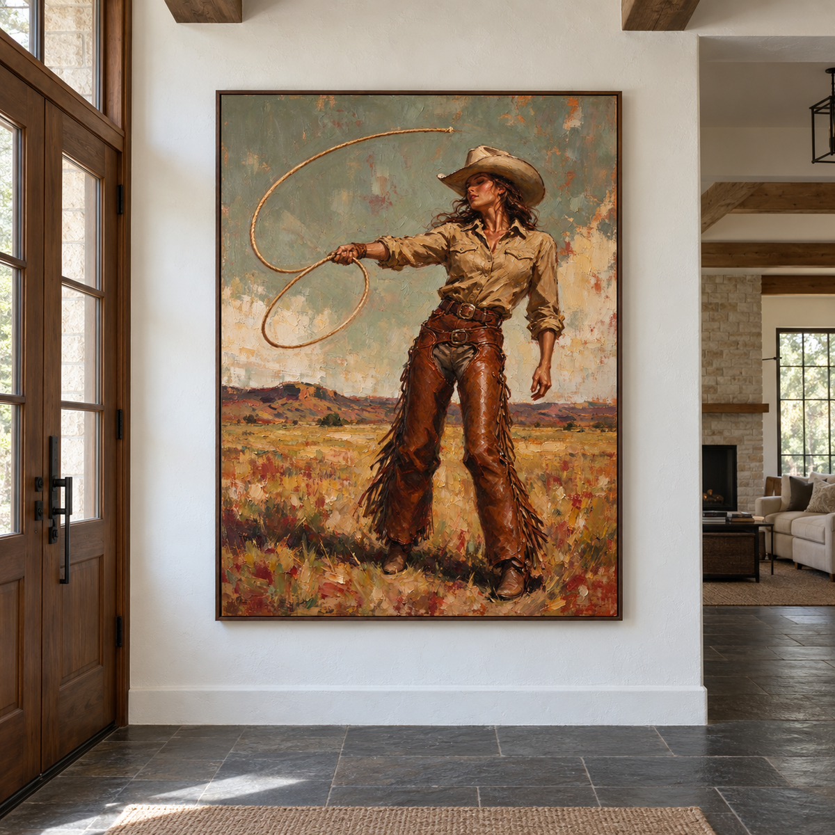 A cowgirl in a tan hat and shirt with fringed brown chaps standing in an open field while swinging a lasso in a wide loop against a muted gray-green sky, shown in room setting 2.
