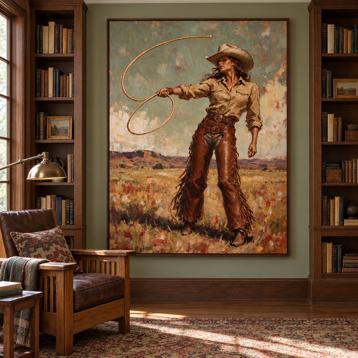 A cowgirl in a tan hat and shirt with fringed brown chaps standing in an open field while swinging a lasso in a wide loop against a muted gray-green sky, shown in room setting 3.