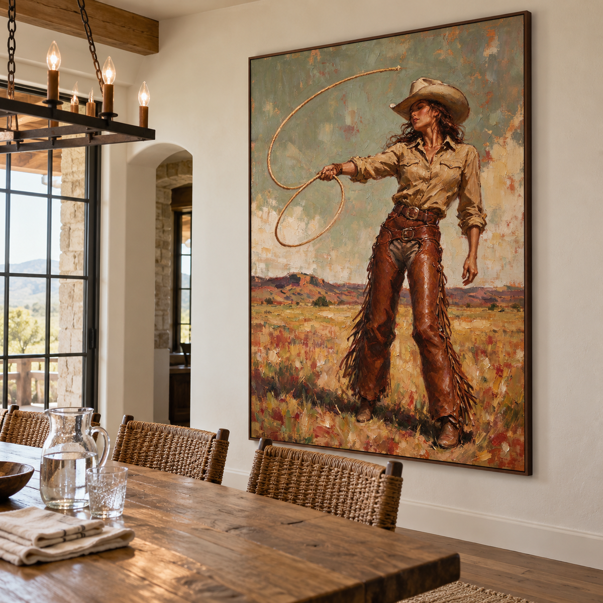 A cowgirl in a tan hat and shirt with fringed brown chaps standing in an open field while swinging a lasso in a wide loop against a muted gray-green sky, shown in room setting 4.