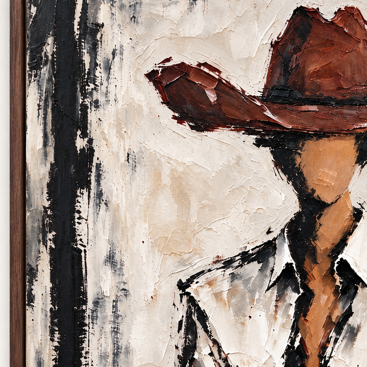 A faceless cowboy in a rust-brown hat and white collared shirt with dark outlines and a brown band across the lower composition, close-up of the painted details.