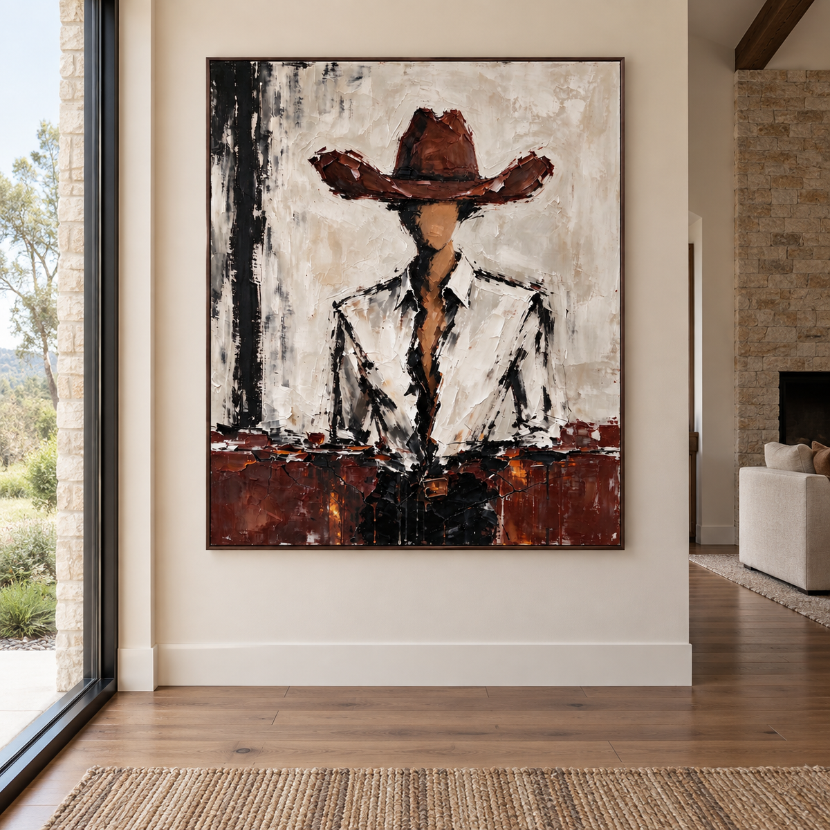 A faceless cowboy in a rust-brown hat and white collared shirt with dark outlines and a brown band across the lower composition, shown in a ranch entryway.