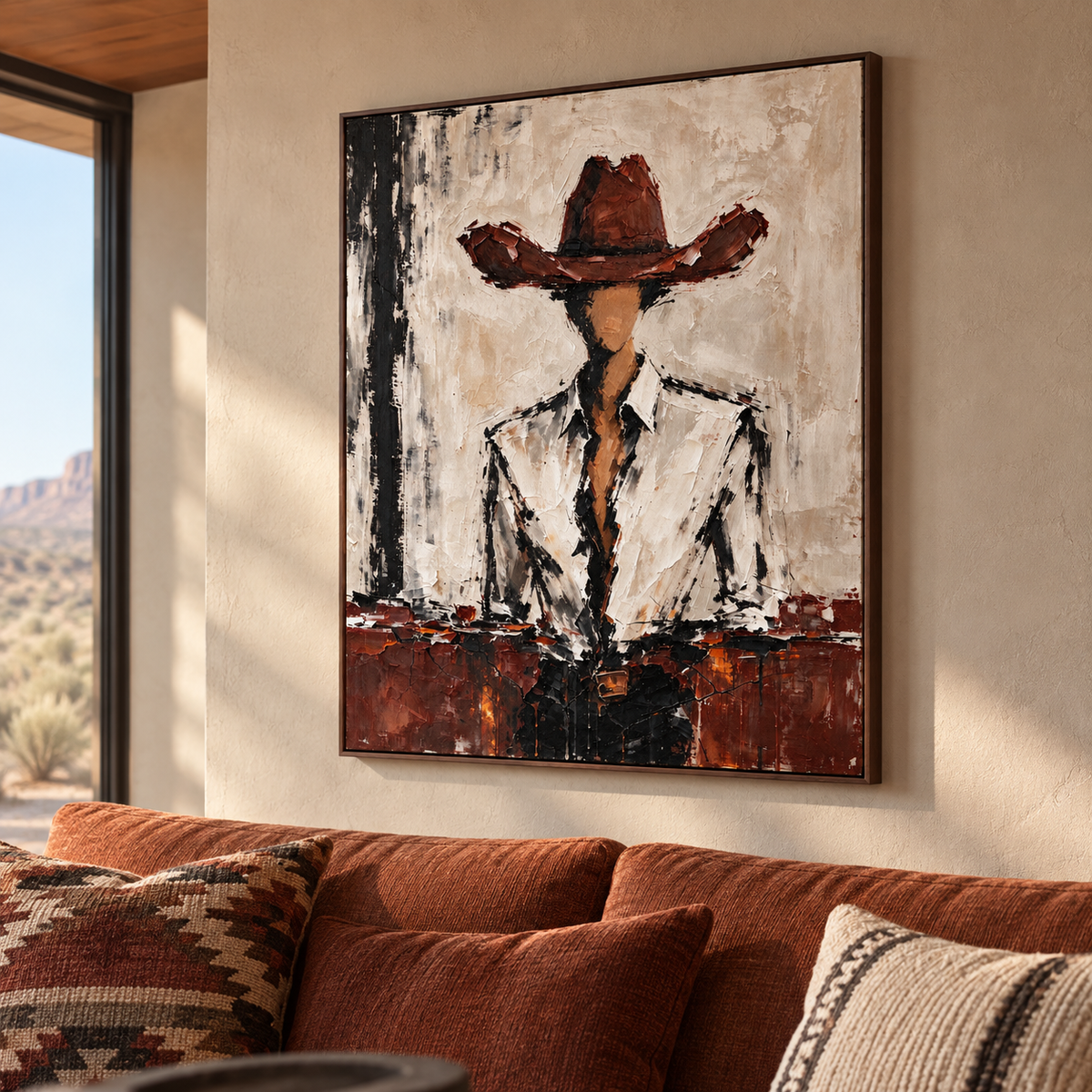 A faceless cowboy in a rust-brown hat and white collared shirt with dark outlines and a brown band across the lower composition, shown from an angle in the room.