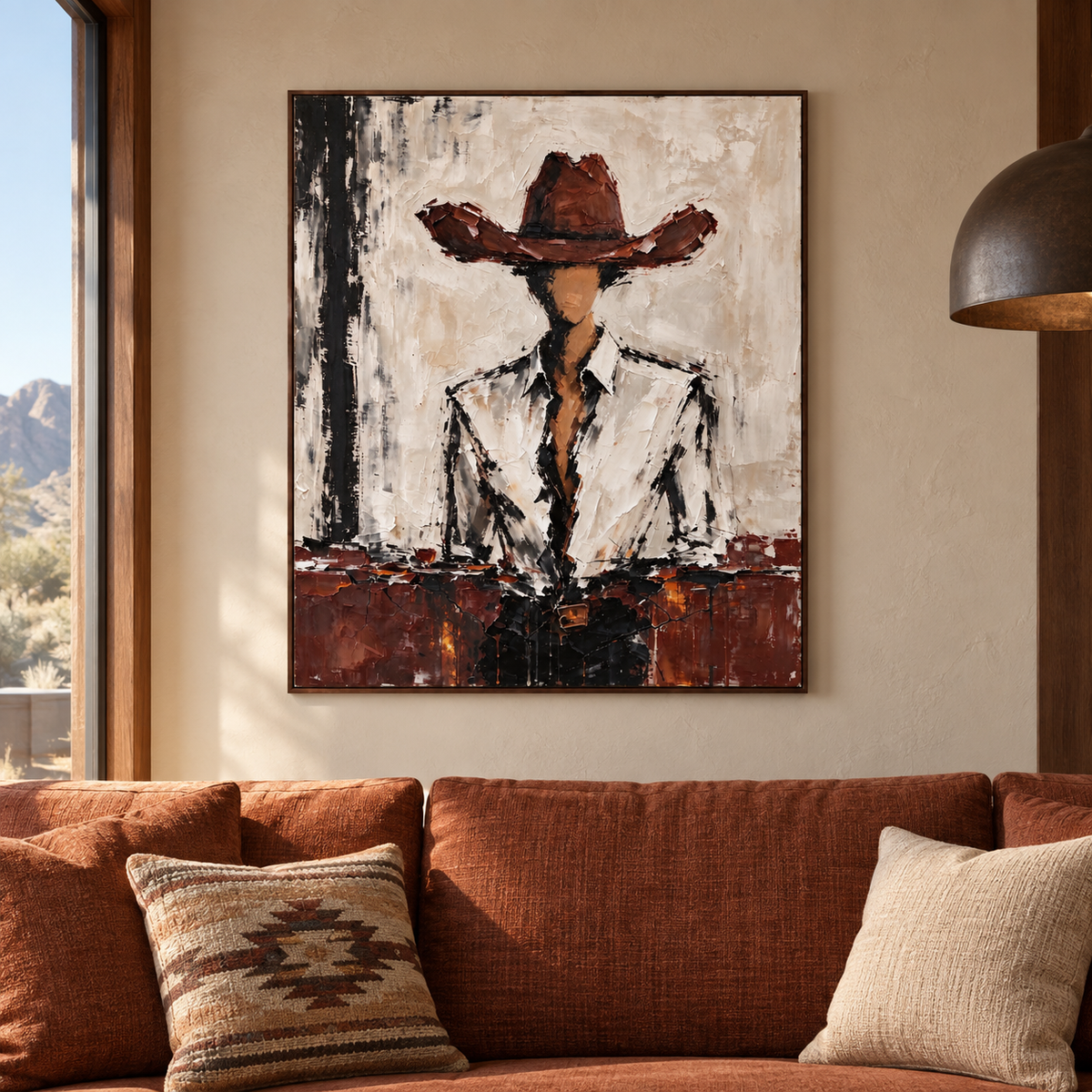 A faceless cowboy in a rust-brown hat and white collared shirt with dark outlines and a brown band across the lower composition, shown in a southwestern living room.