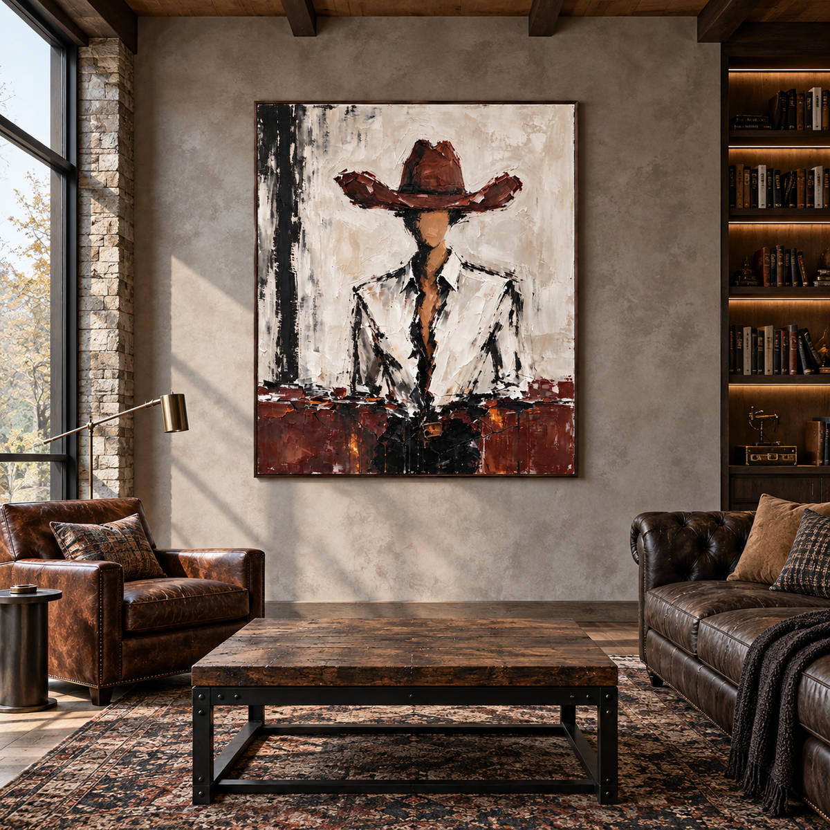 A faceless cowboy in a rust-brown hat and white collared shirt with dark outlines and a brown band across the lower composition, shown in a vintage industrial study.