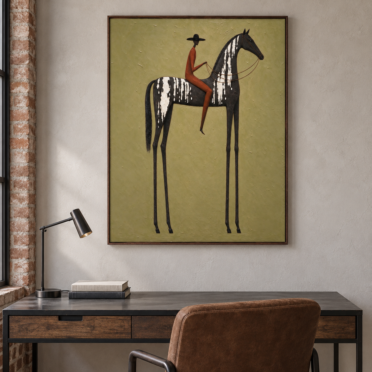 A rust-colored rider in a black hat on a tall narrow black horse with white markings against light olive green, in an industrial-style study.