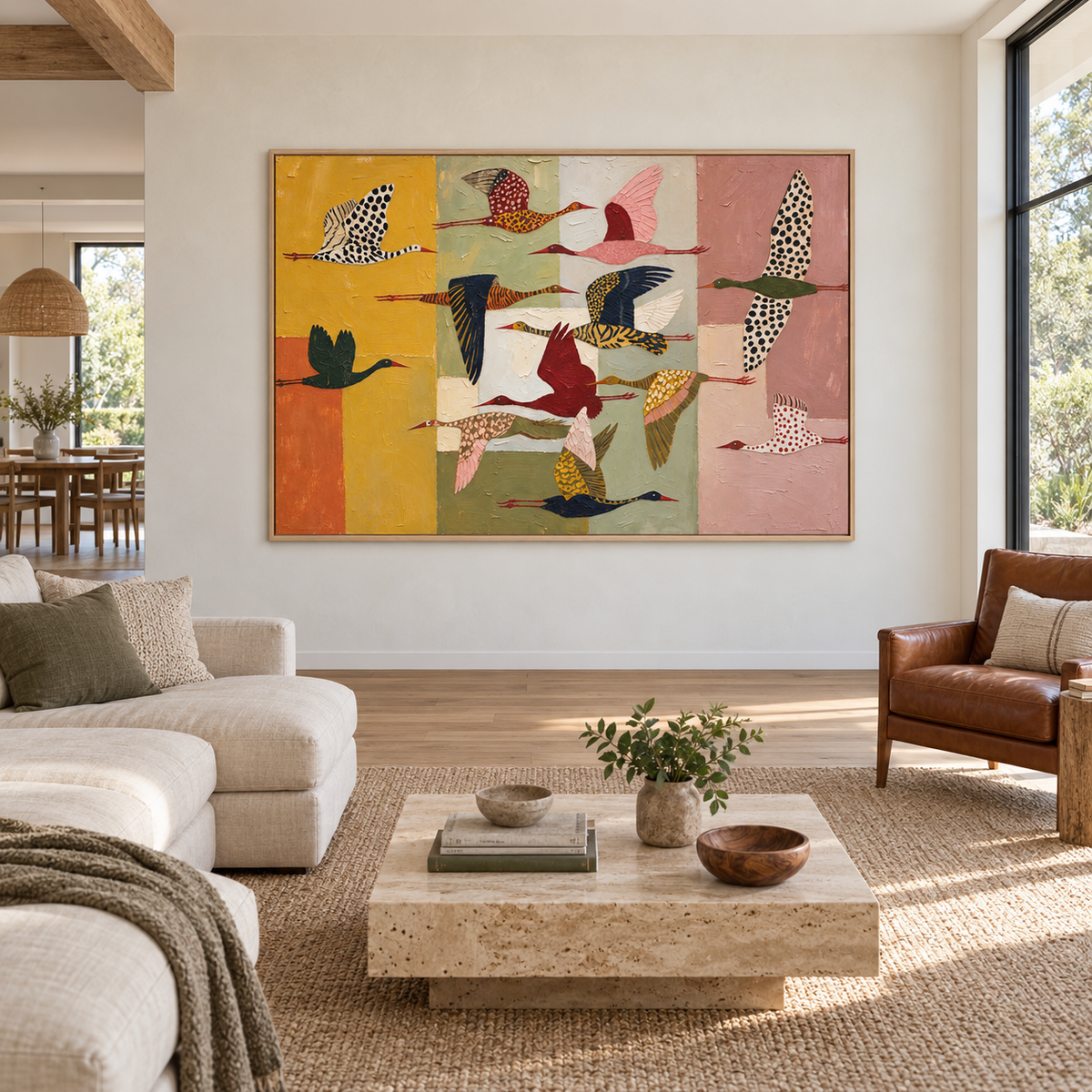Patterned birds in flight over blocks of mustard yellow, sage green, cream, and dusty pink, in a spacious California-style living room.
