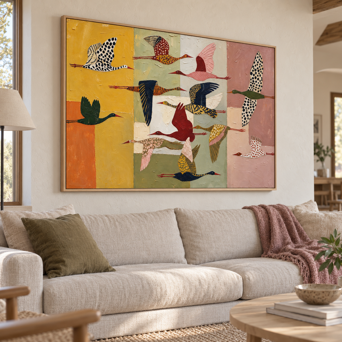 Patterned birds in flight over blocks of mustard yellow, sage green, cream, and dusty pink, shown from an angle in a living room.