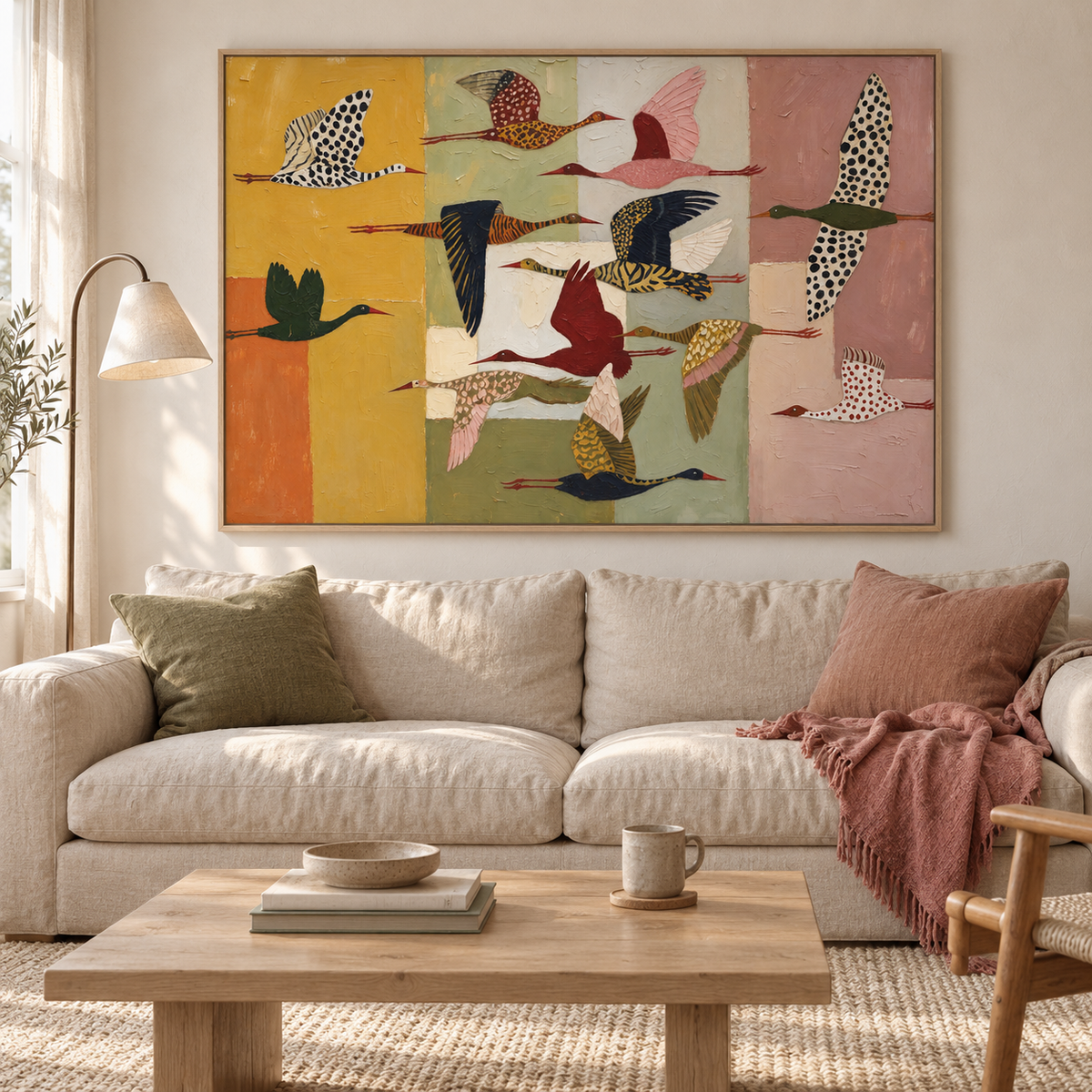 Patterned birds in flight over blocks of mustard yellow, sage green, cream, and dusty pink, in a Scandinavian-style living room.