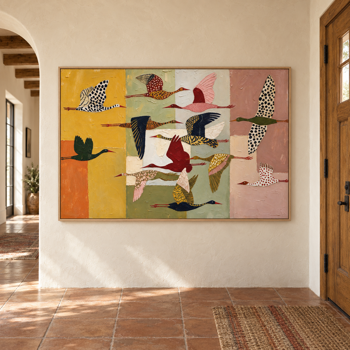 Patterned birds in flight over blocks of mustard yellow, sage green, cream, and dusty pink, in a Southwestern-style entryway.