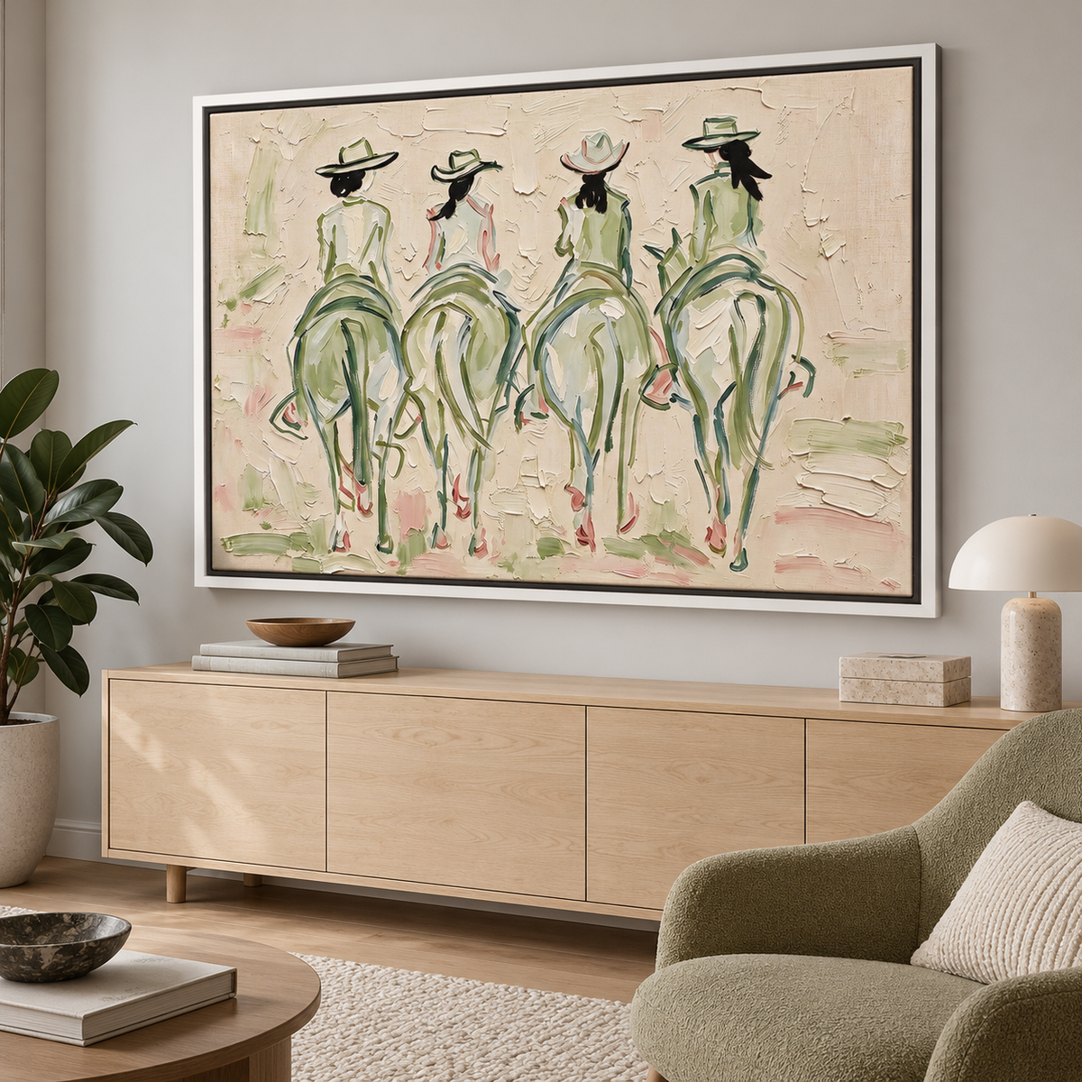 Four cowgirls on horseback seen from behind, with wide-brimmed hats and long dark ponytails, outlined in sage green and pale pink against a cream background, shown in room setting 5.