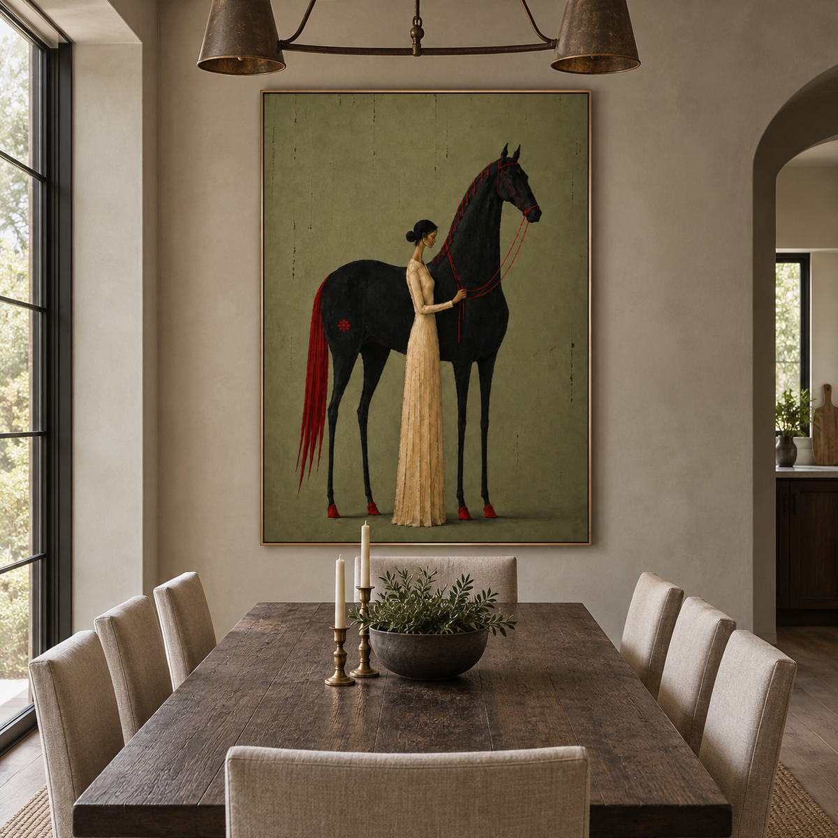 A woman in a long cream dress holding the red reins of a tall black horse with a red mane and tail on a muted olive background, shown in room setting 3.