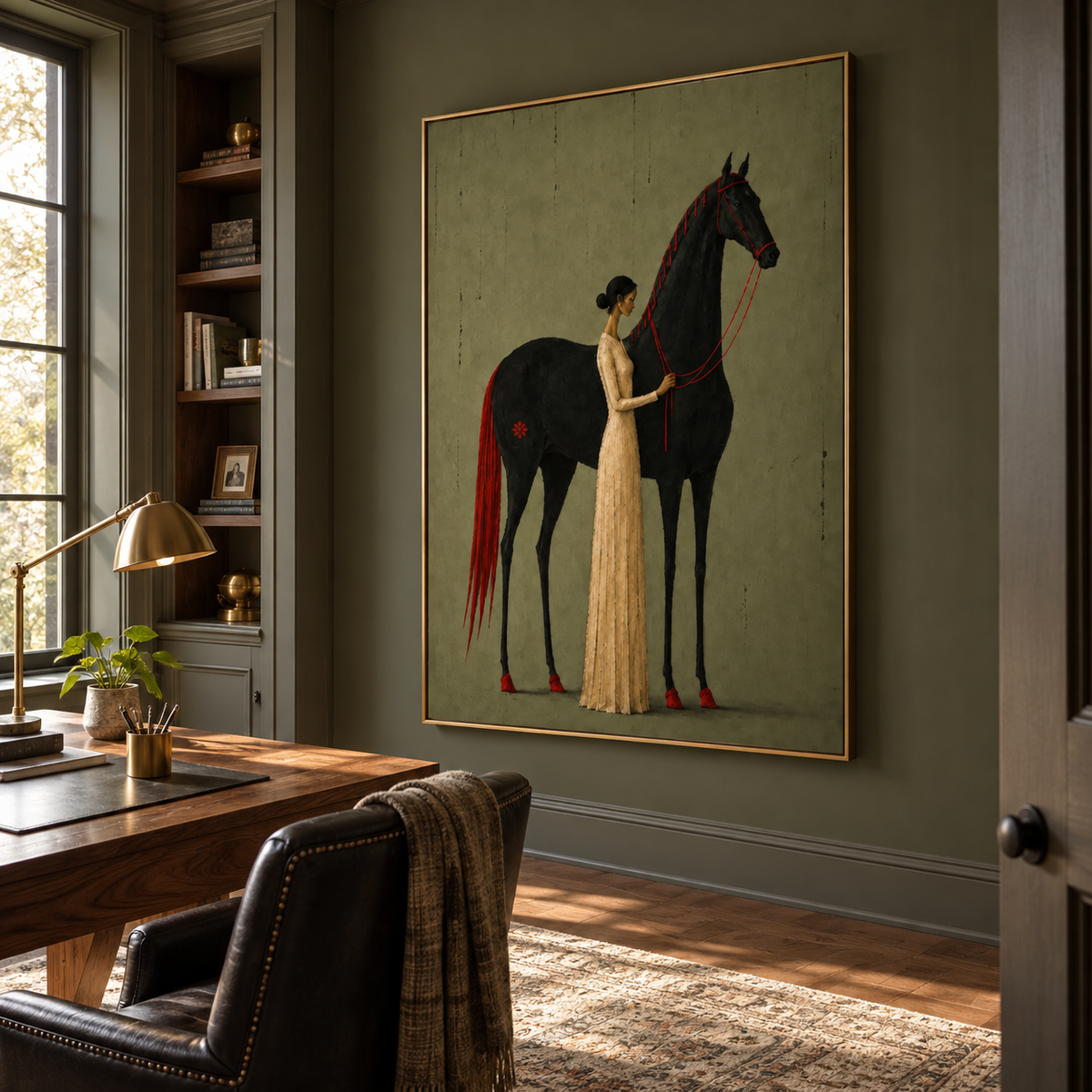 A woman in a long cream dress holding the red reins of a tall black horse with a red mane and tail on a muted olive background, shown in room setting 4.