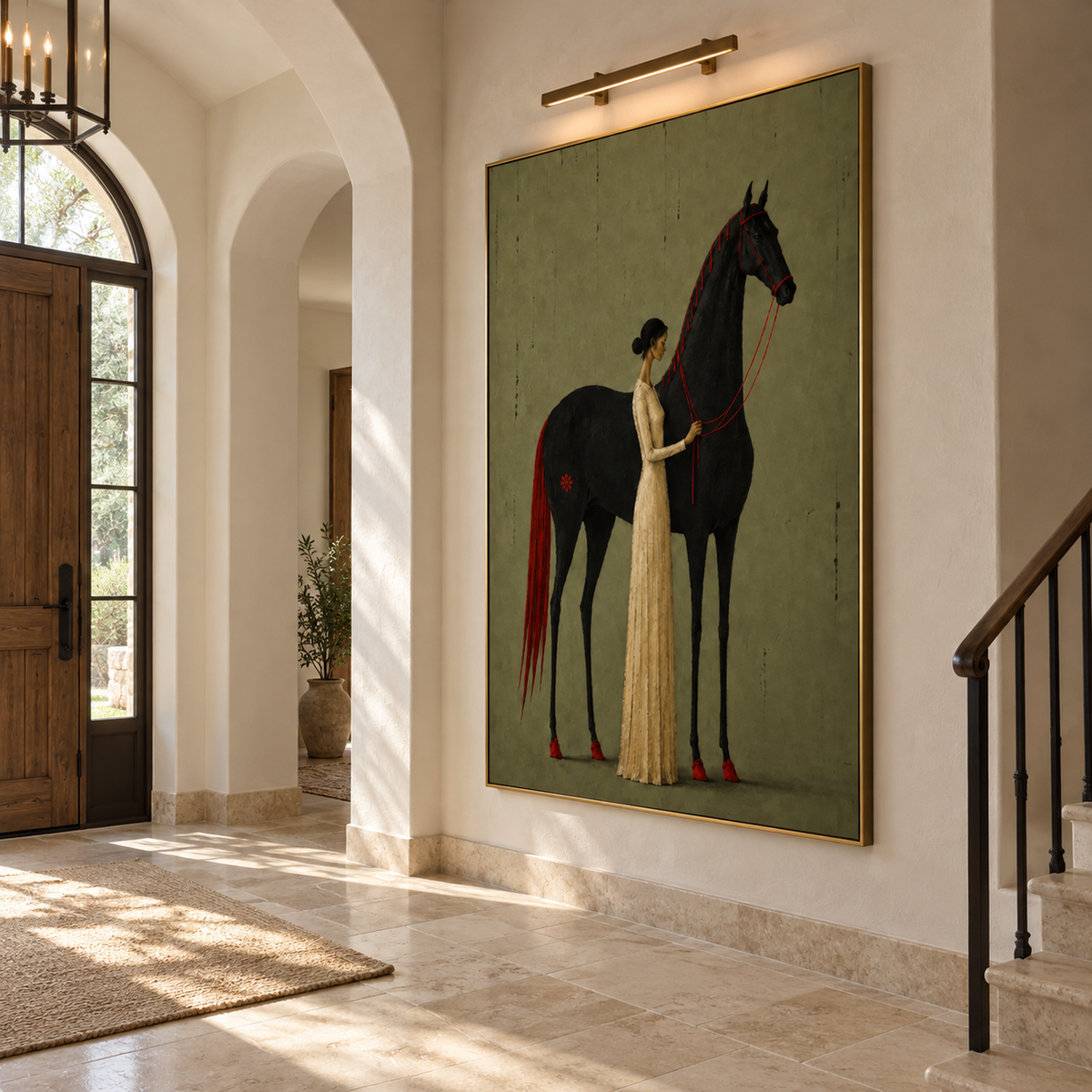 A woman in a long cream dress holding the red reins of a tall black horse with a red mane and tail on a muted olive background, shown in room setting 5.