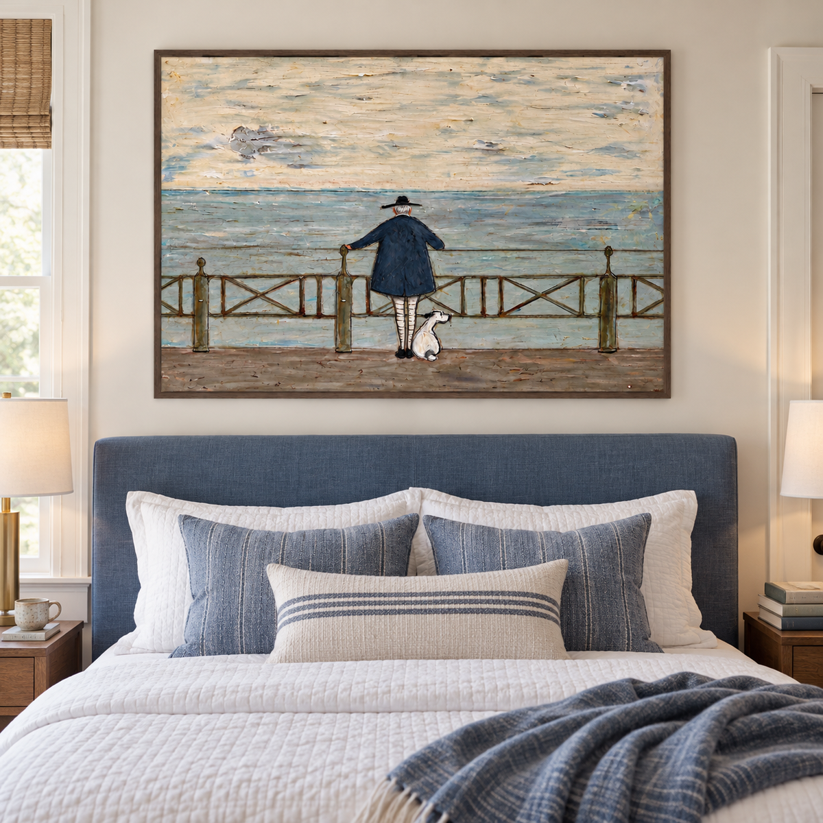 A silver-haired man in a navy coat and black hat leaning at a cross-braced seaside railing with a small white dog seated beside him beneath a pale cloudy sky, shown in room setting 3.