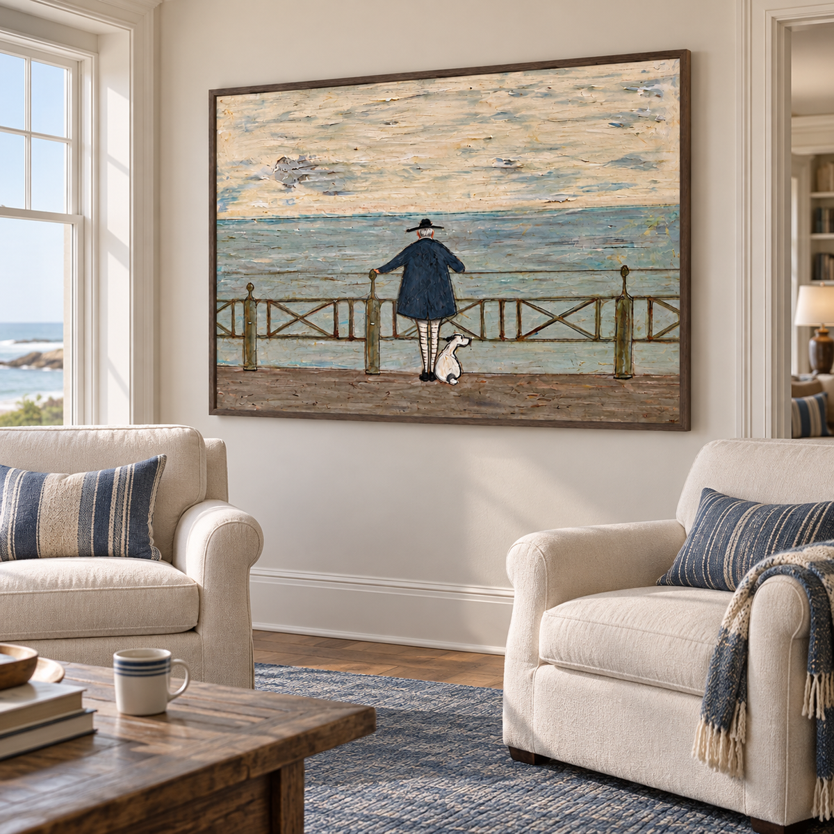 A silver-haired man in a navy coat and black hat leaning at a cross-braced seaside railing with a small white dog seated beside him beneath a pale cloudy sky, shown in room setting 5.