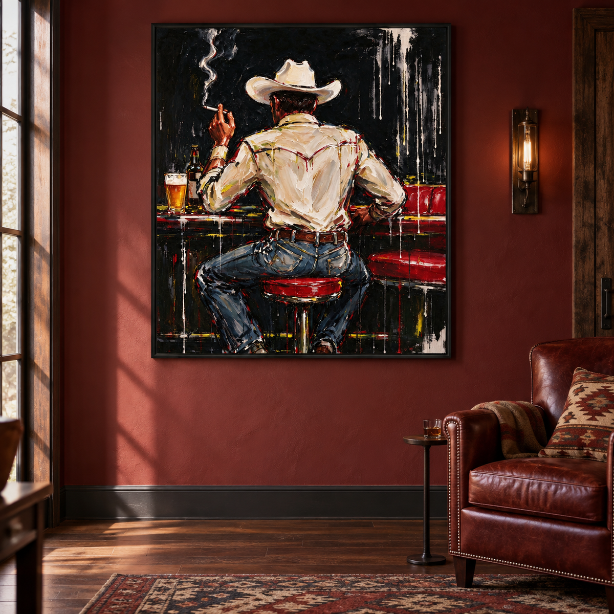 A cowboy seen from behind in a white hat and shirt sitting on a red barstool with a beer and curling cigarette smoke, shown in a home bar.