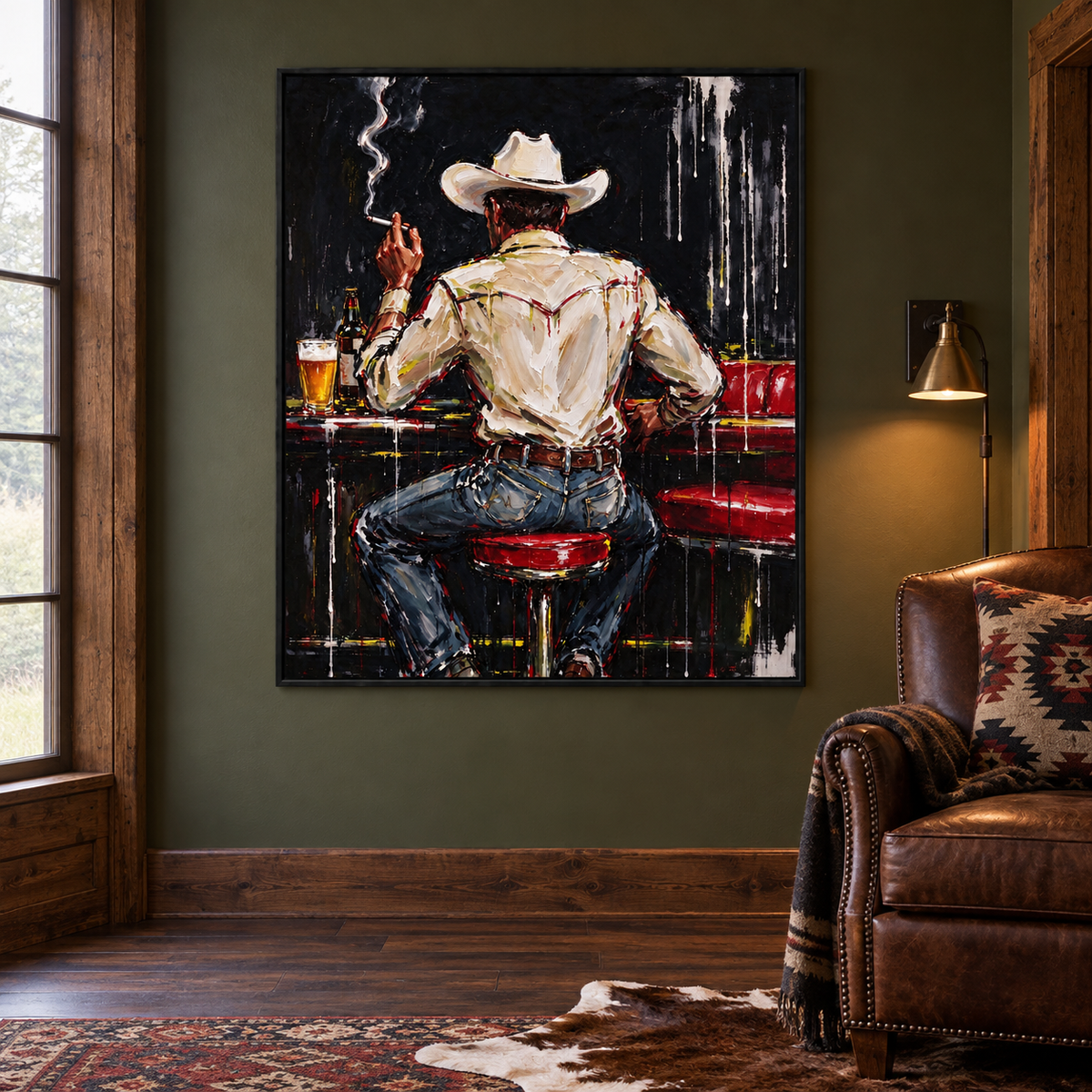 A cowboy seen from behind in a white hat and shirt sitting on a red barstool with a beer and curling cigarette smoke, shown in a ranch study.
