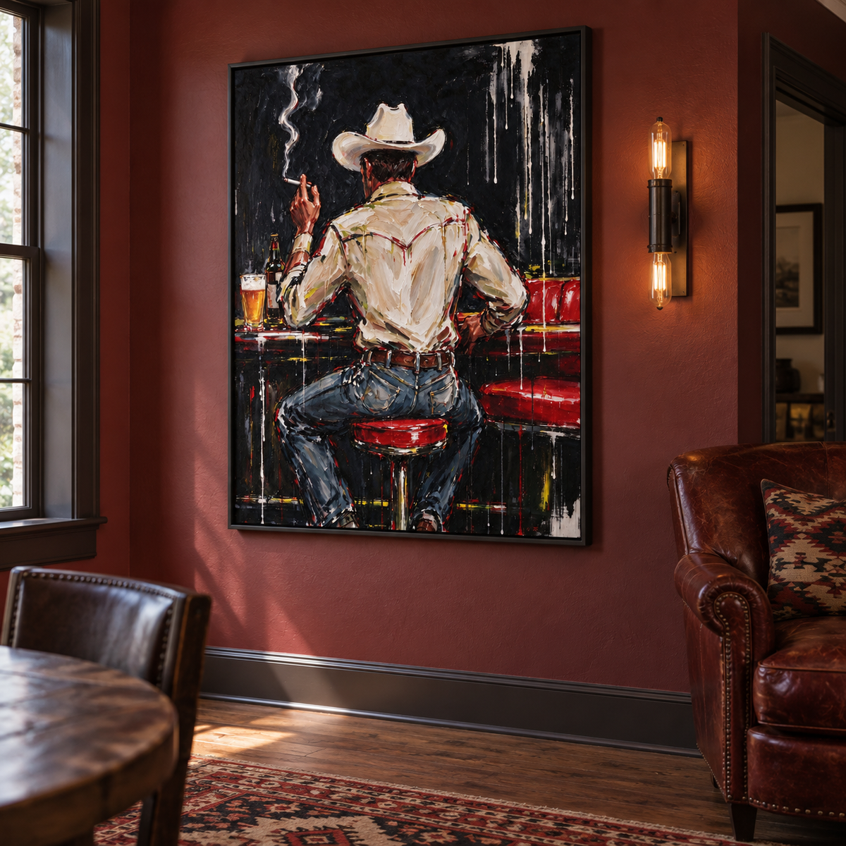 A cowboy seen from behind in a white hat and shirt sitting on a red barstool with a beer and curling cigarette smoke, shown from an angle in the room.