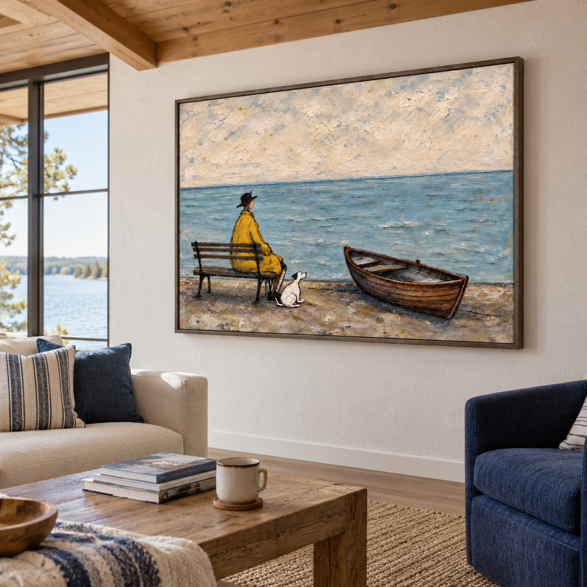 A man in a yellow coat seated on a bench looking out over blue water with a small white dog beside him and an empty wooden rowboat on the beach, shown in room setting 5.