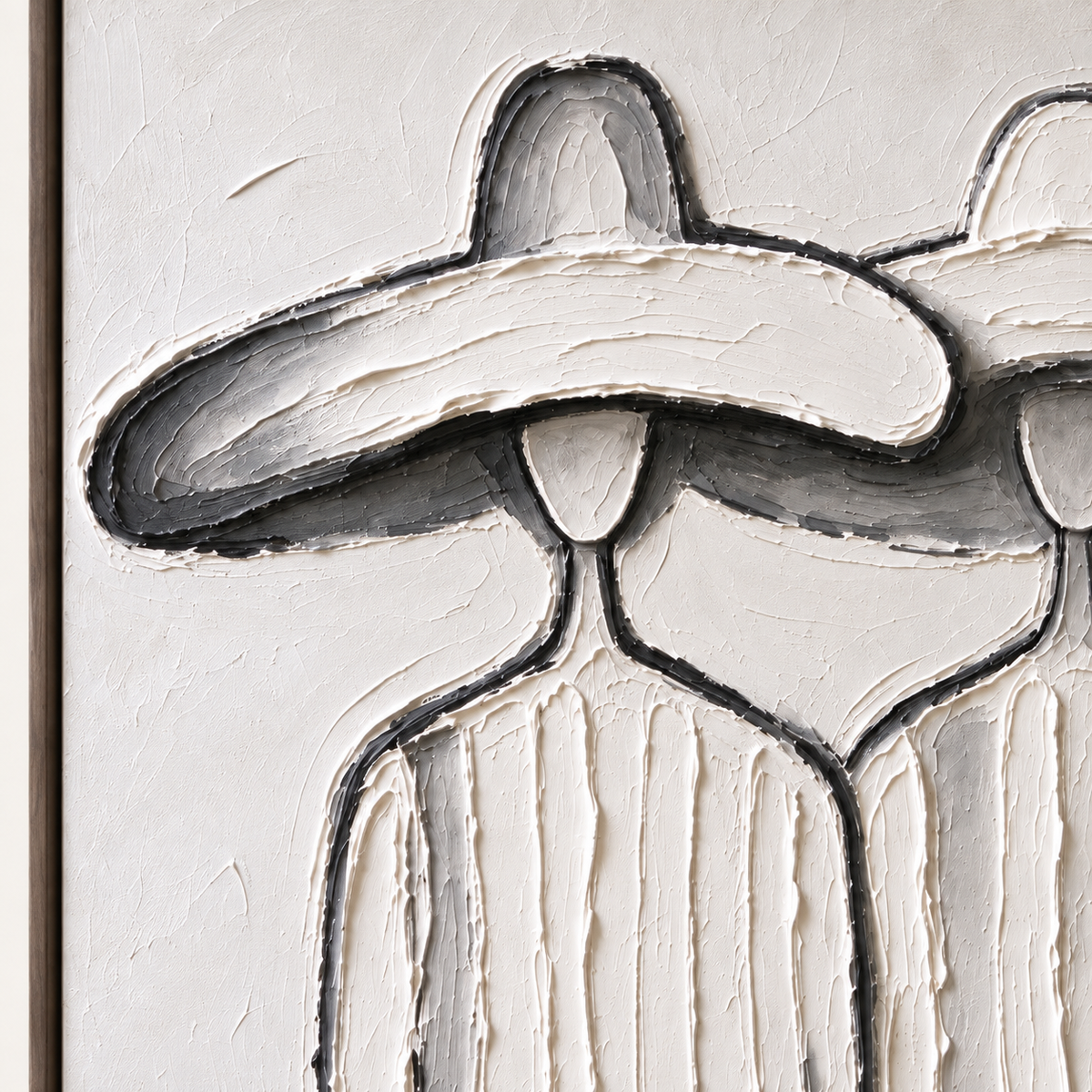 Two slender faceless figures in pale striped clothing and overlapping broad white hats, close-up of the painted details.