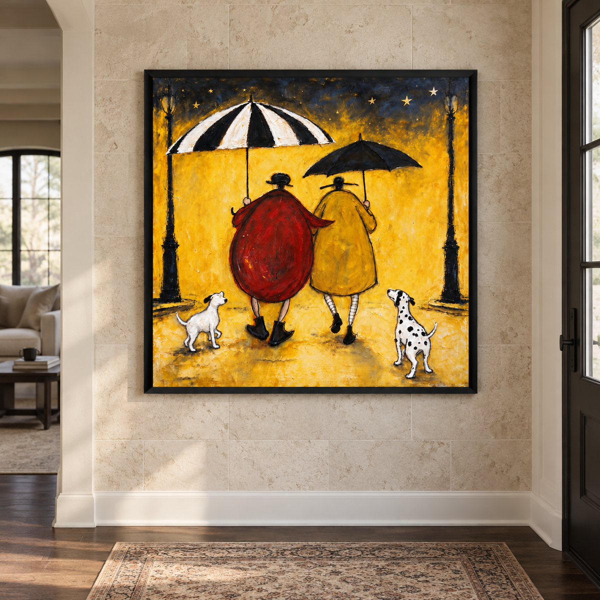 Two people seen from behind in red and yellow coats carrying striped and black umbrellas on a golden nighttime path with a white dog and a Dalmatian beneath stars, shown in room setting 3.