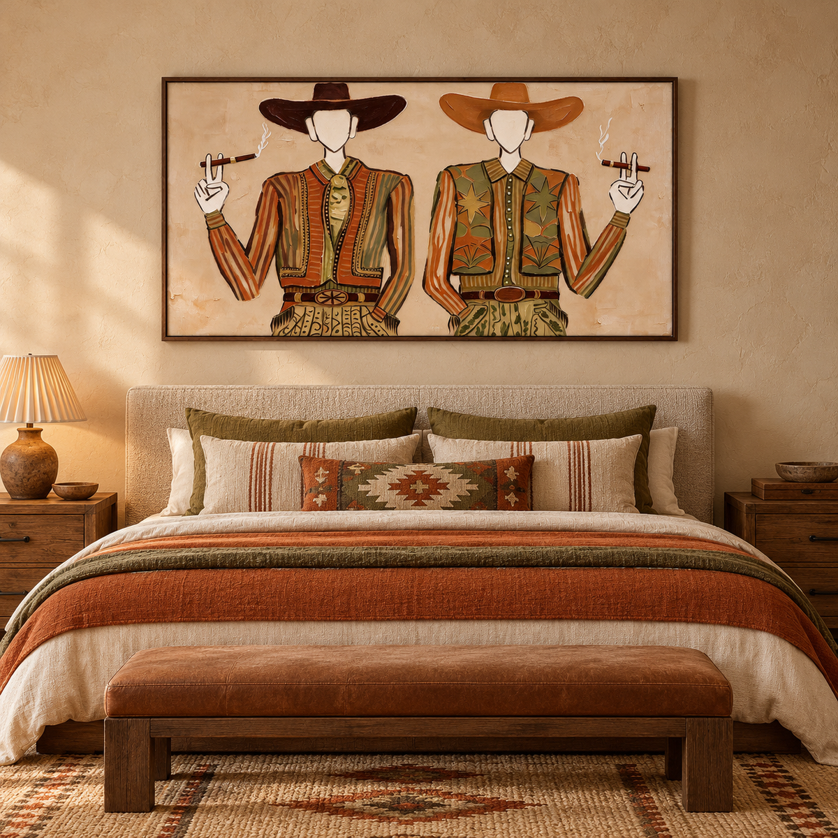 Two faceless cowboys in striped rust-brown jackets, olive vests and wide-brimmed hats holding cigars against a pale beige background, shown in room setting 2.
