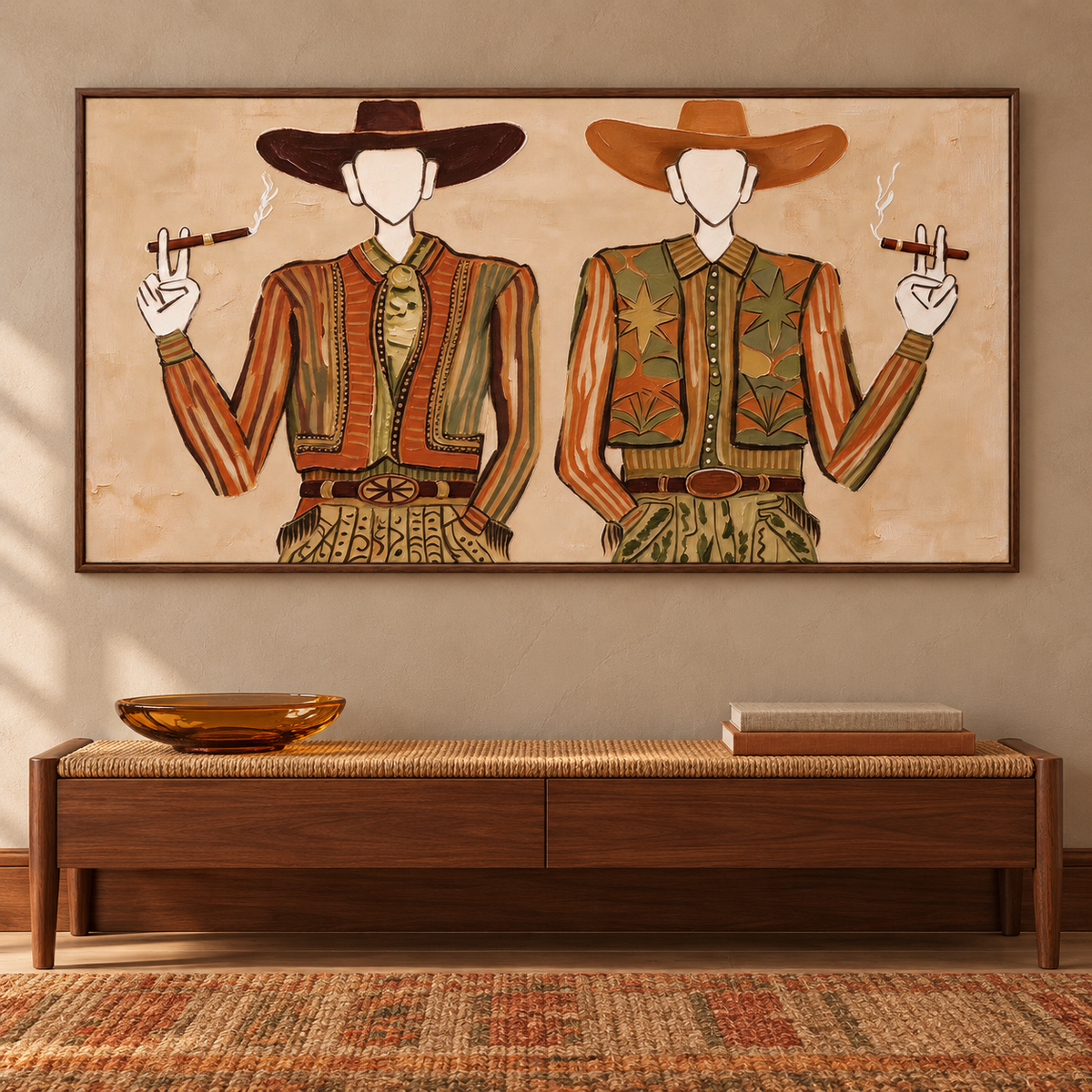 Two faceless cowboys in striped rust-brown jackets, olive vests and wide-brimmed hats holding cigars against a pale beige background, shown in room setting 3.
