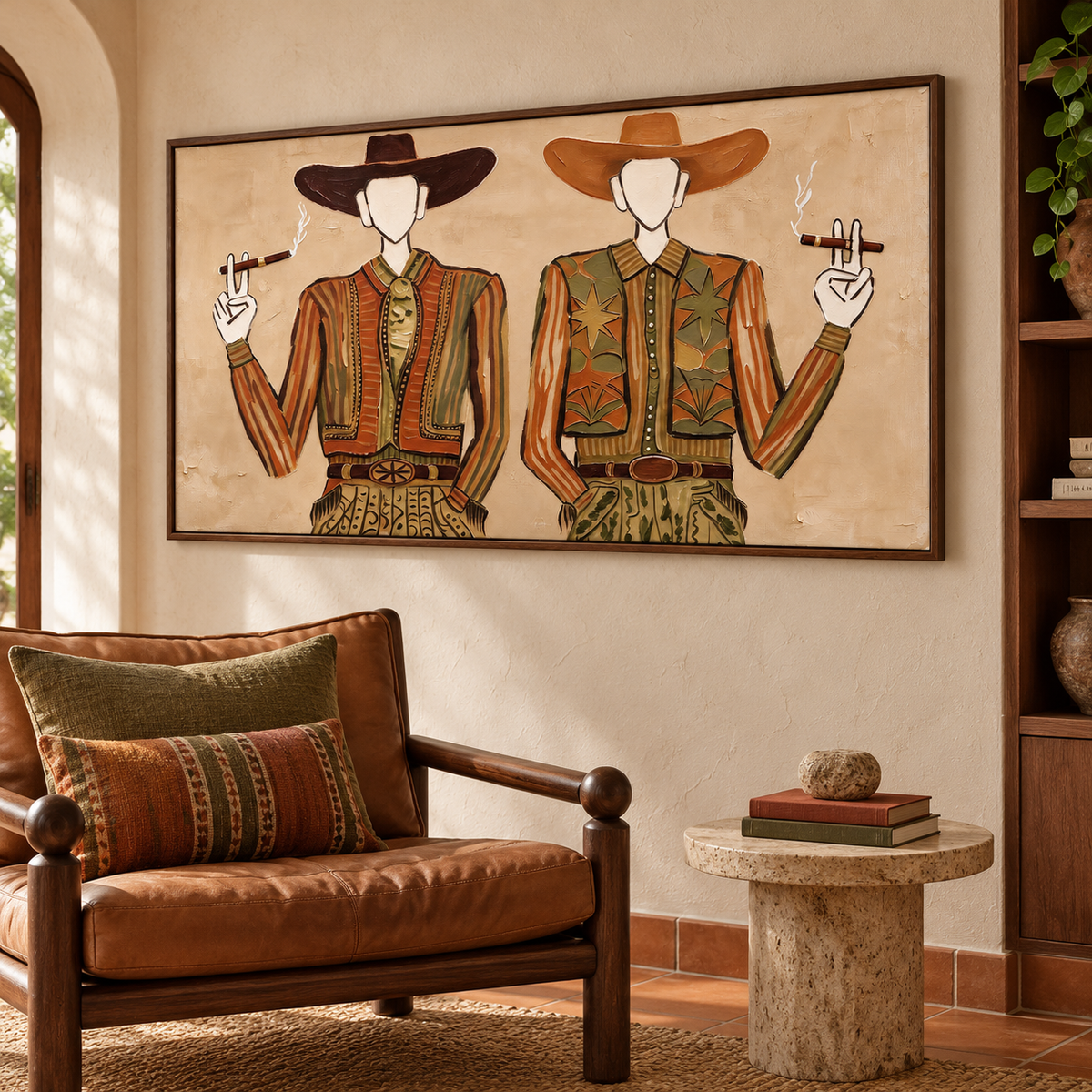 Two faceless cowboys in striped rust-brown jackets, olive vests and wide-brimmed hats holding cigars against a pale beige background, shown in room setting 5.