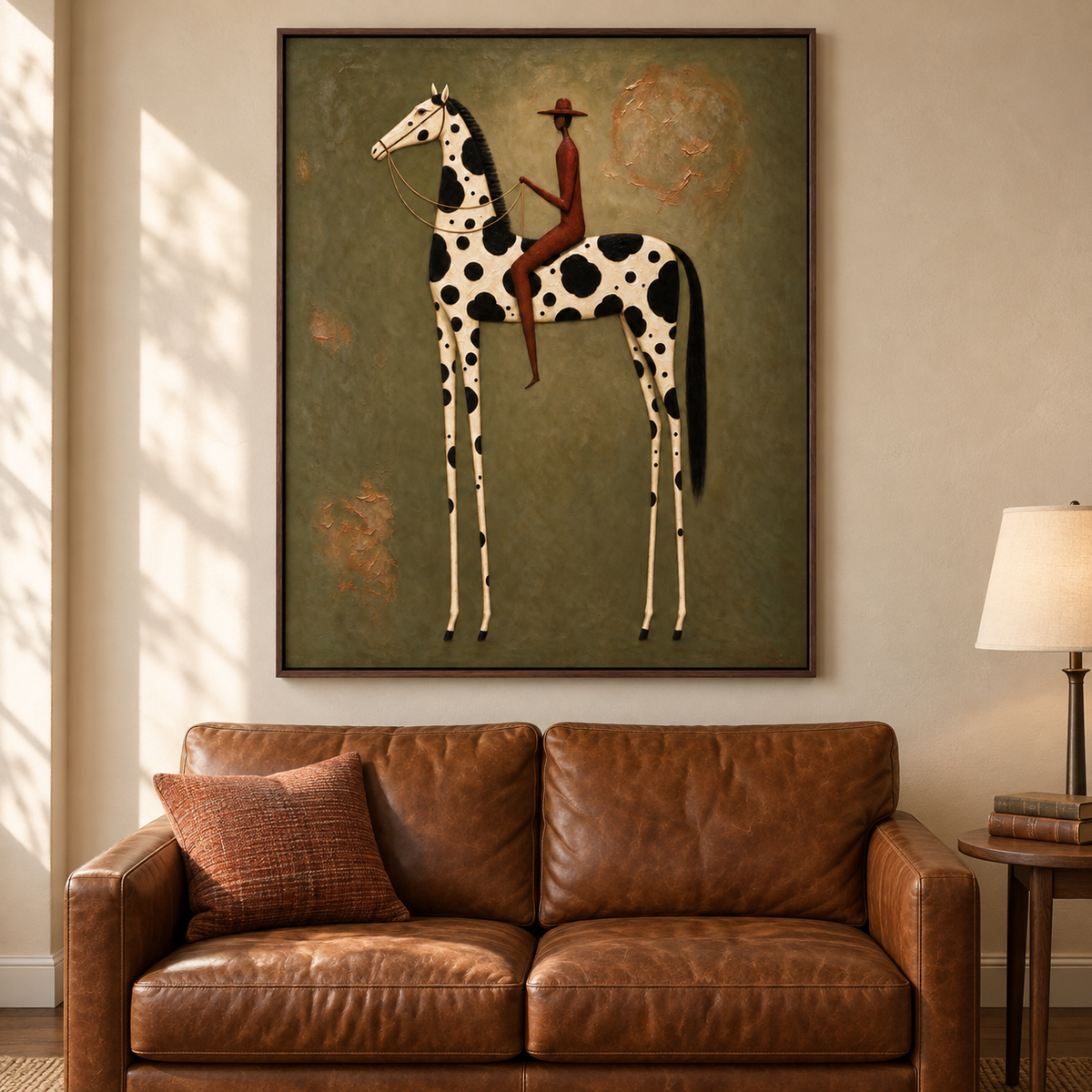 A rust-colored rider on a long-legged white horse with bold black spots against olive green, in a modern ranch living room.