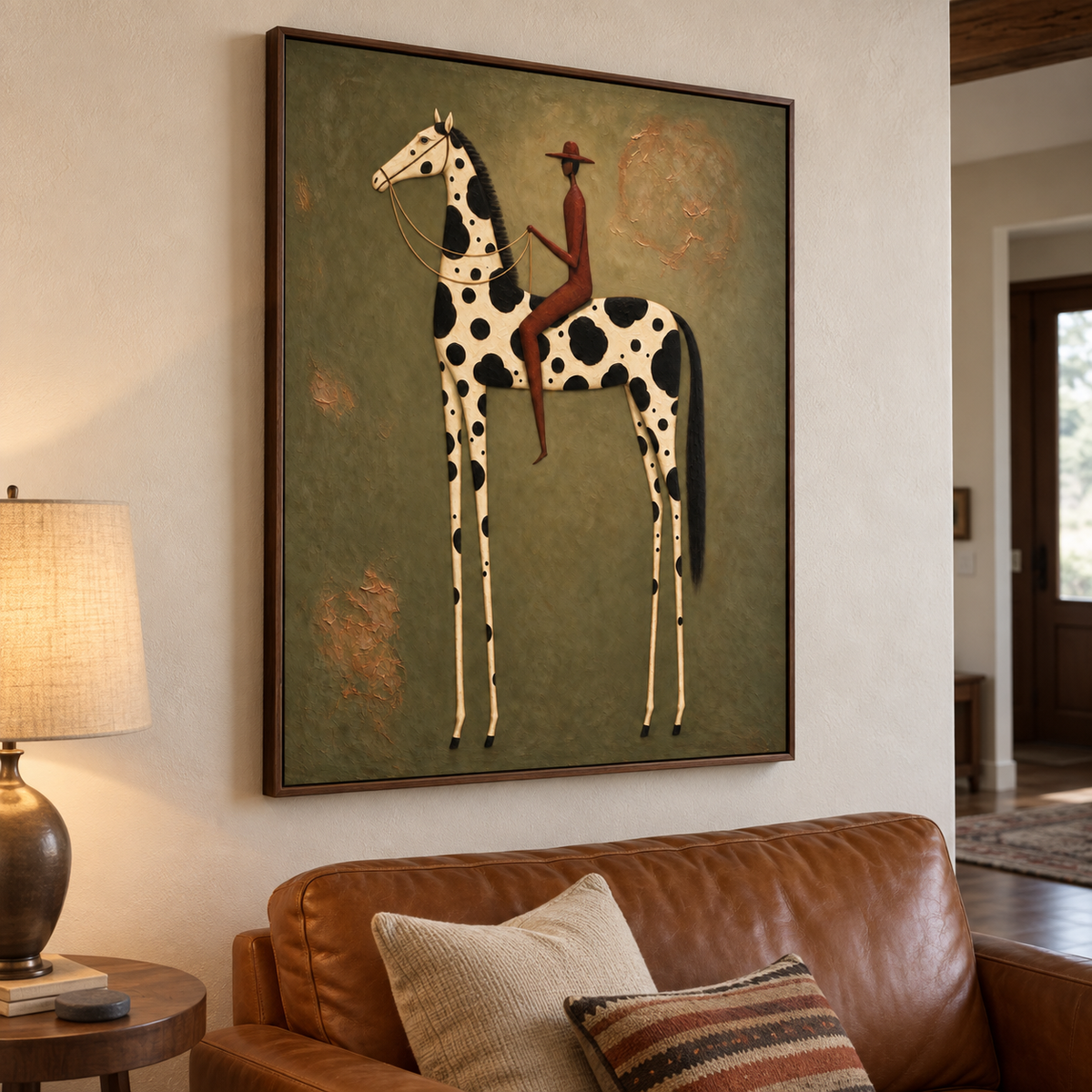 A rust-colored rider on a long-legged white horse with bold black spots against olive green, shown from an angle in a ranch-style room.