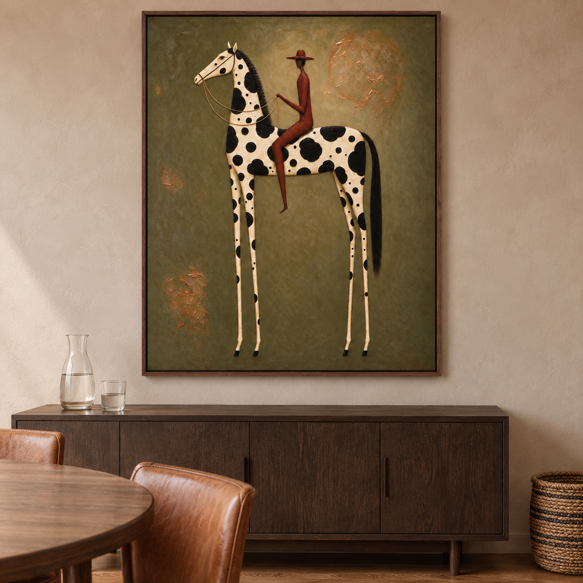 A rust-colored rider on a long-legged white horse with bold black spots against olive green, in a Southwestern dining room.