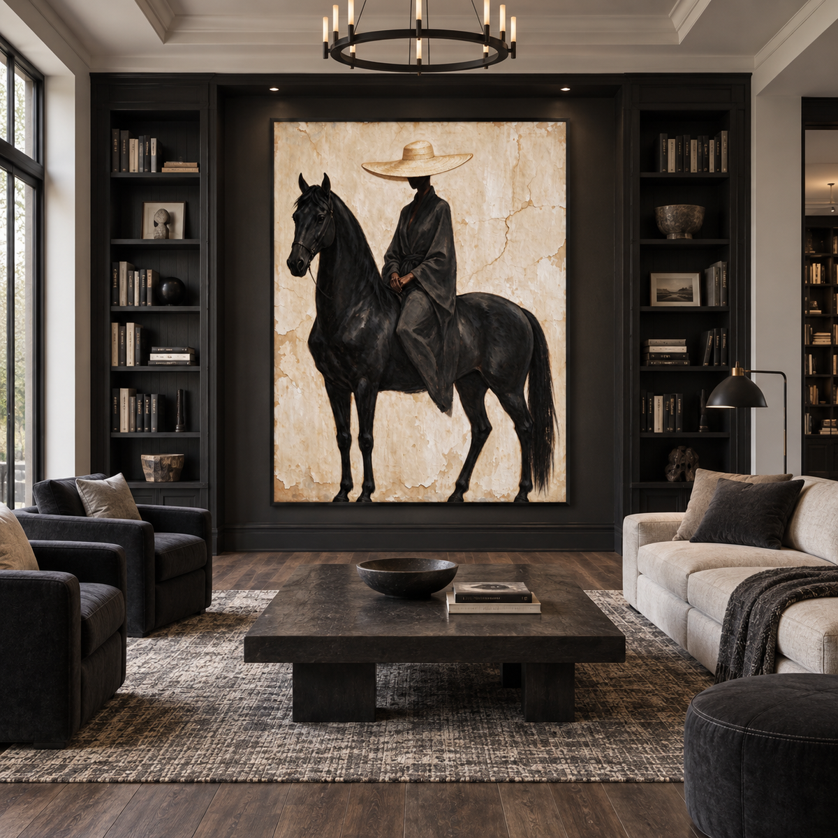 A black horse standing with a dark-clothed rider in a wide tan hat against a warm cream background, shown in a home library.