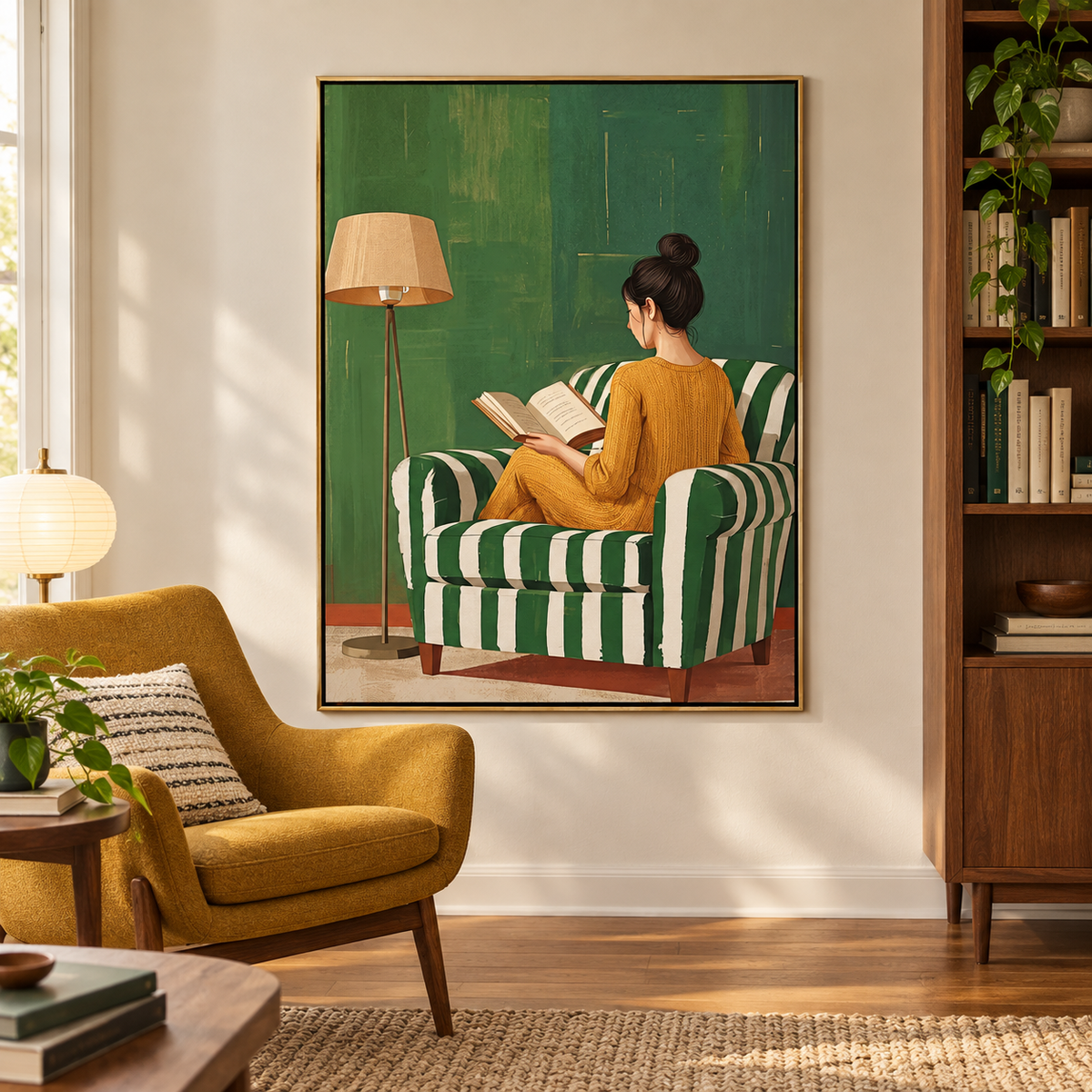A woman in a mustard-yellow dress reading in a green-and-white striped armchair beside a floor lamp against a green wall, shown in room setting 1.