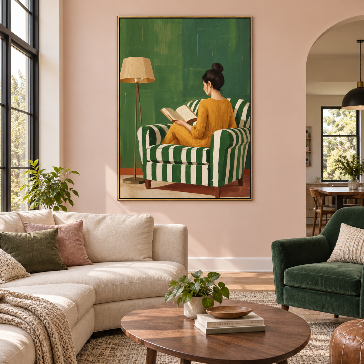 A woman in a mustard-yellow dress reading in a green-and-white striped armchair beside a floor lamp against a green wall, shown in room setting 2.