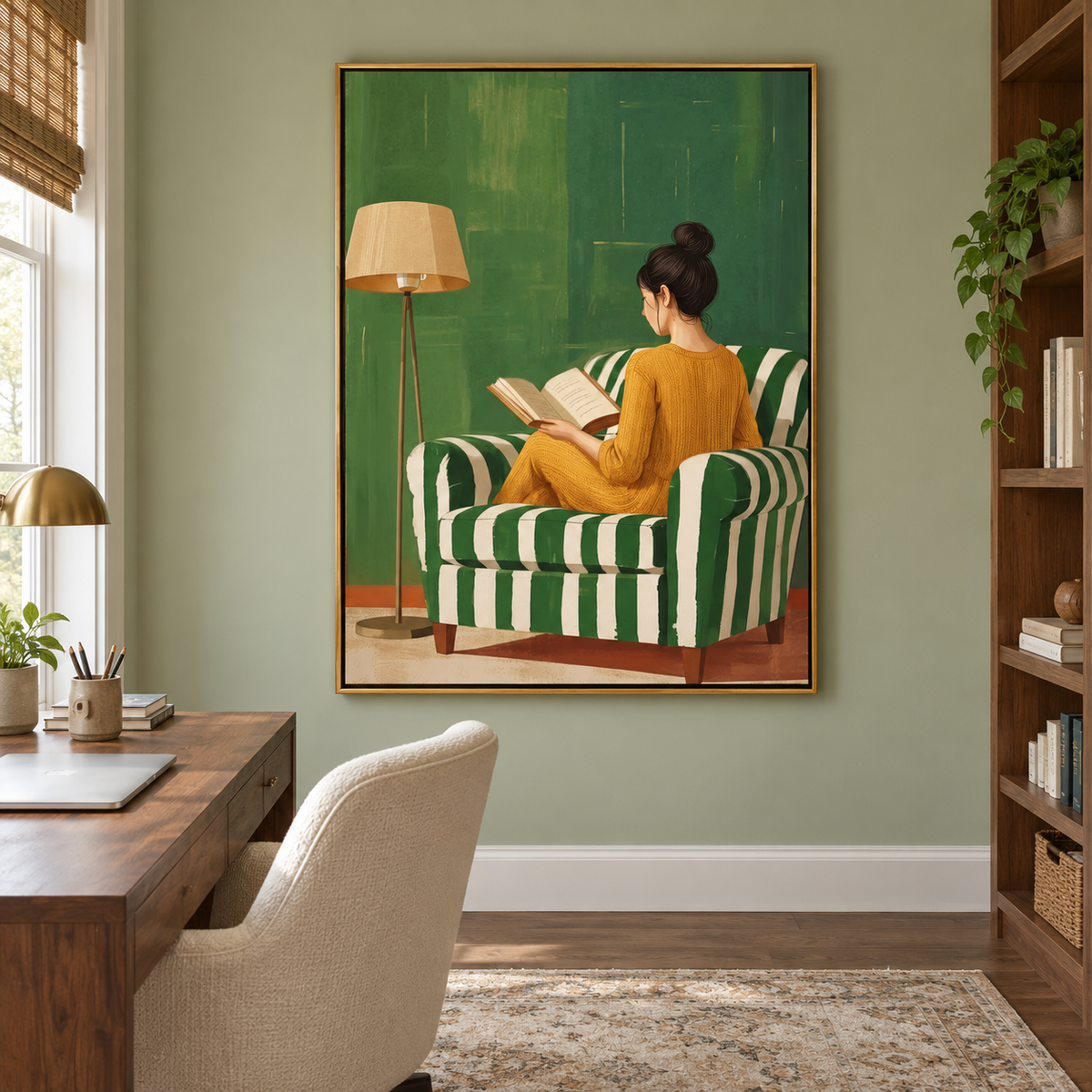 A woman in a mustard-yellow dress reading in a green-and-white striped armchair beside a floor lamp against a green wall, shown in room setting 3.
