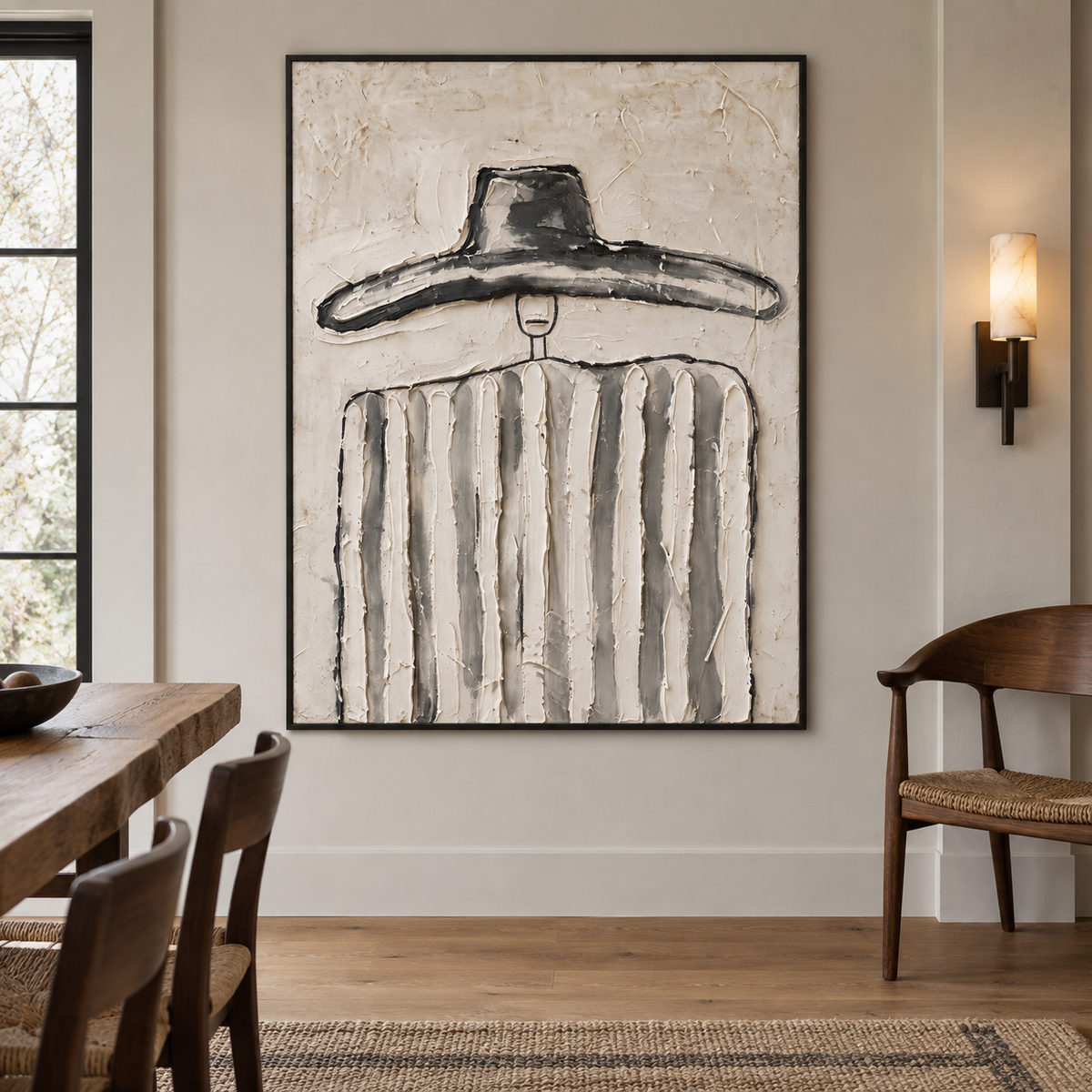 A small-faced figure under an oversized dark hat wearing broad gray and white vertical stripes, shown in a midcentury dining room.